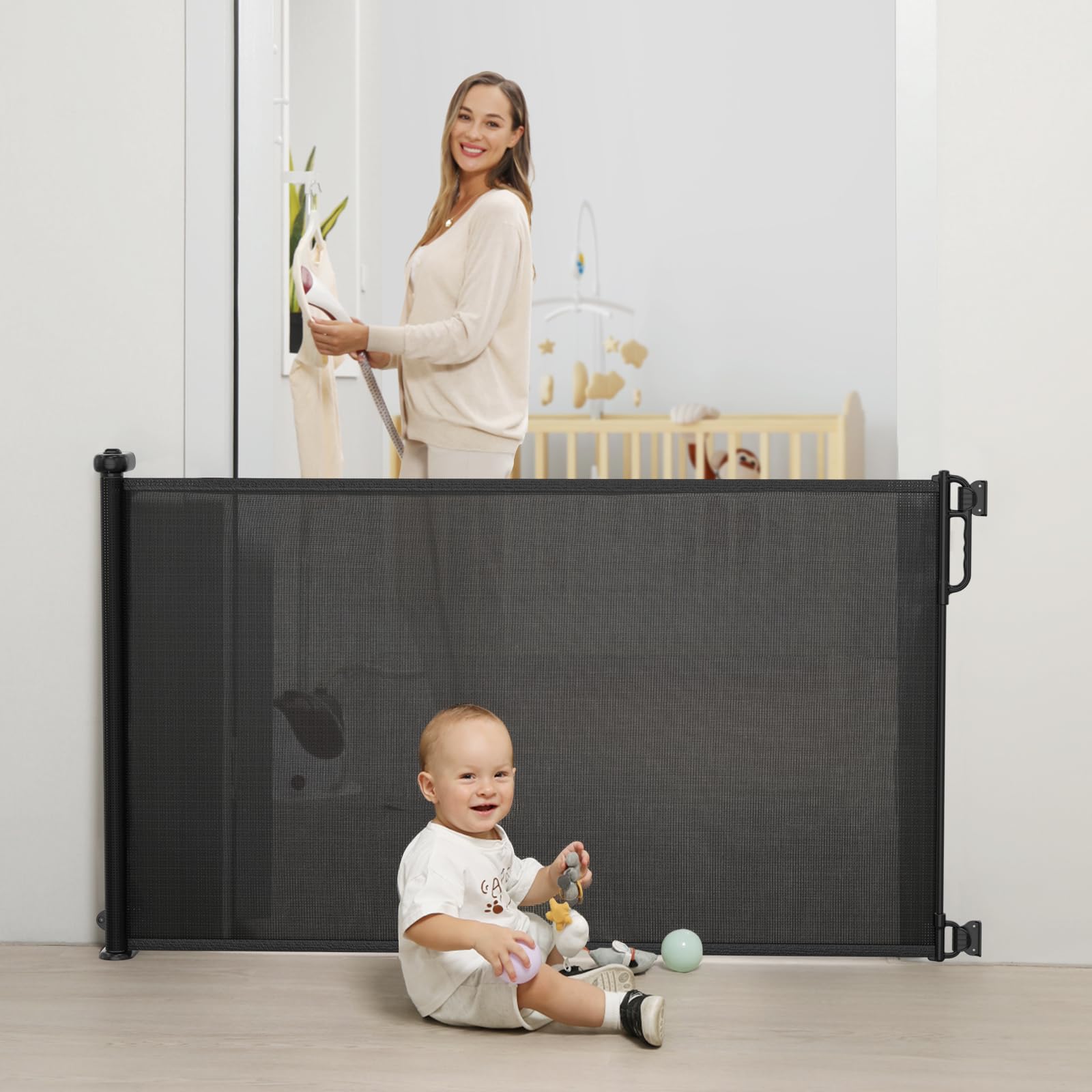 Retractable Baby Gate, Momcozy Mesh Baby Gate Or Mesh Dog Gate, 41' Tall,Extends Up To 71' Wide, Child Safety Gate For Doorways, Stairs, Hallways, Indoor/Outdoor