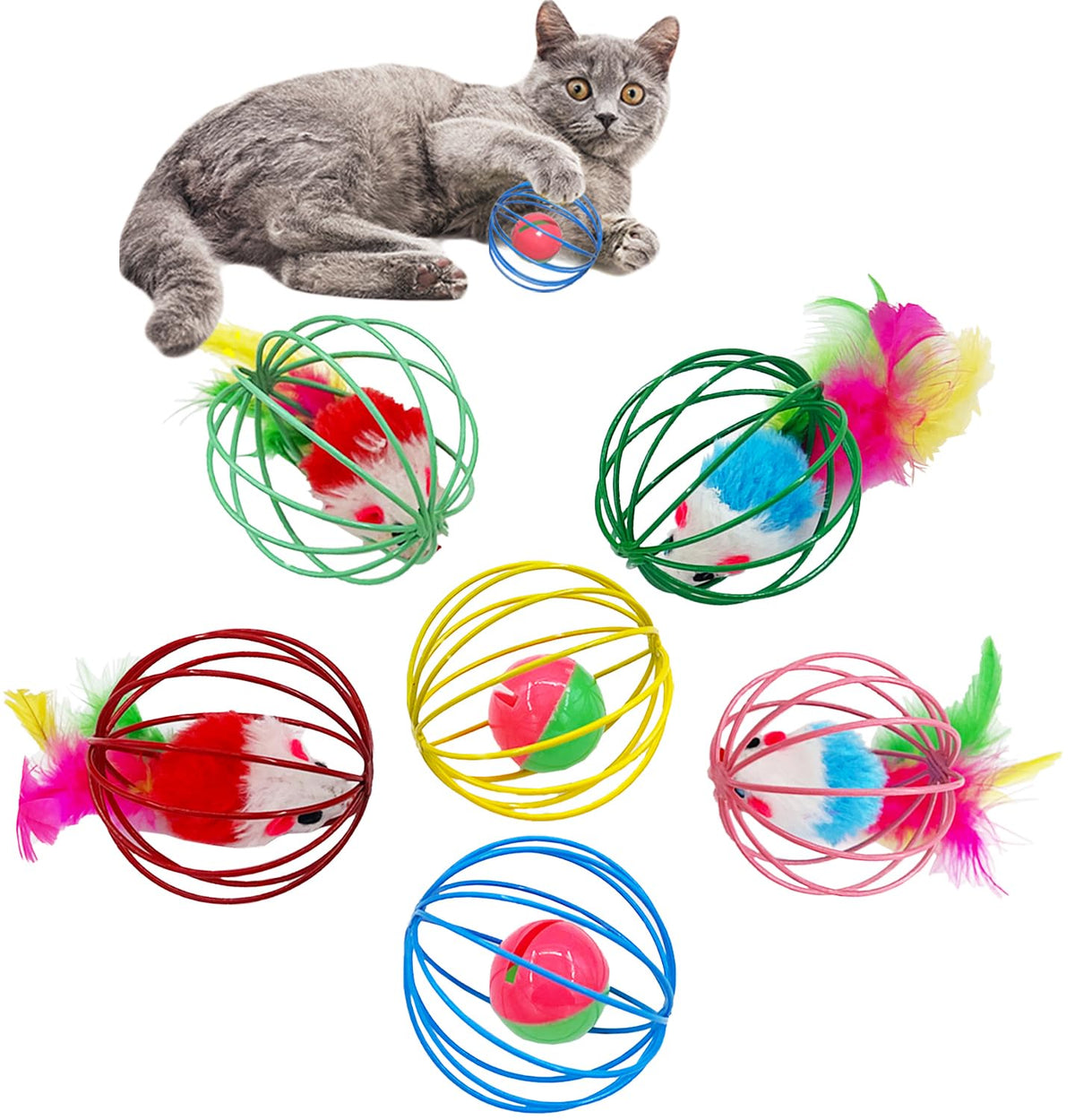 Quvovid Cat Toys 6 Packs Cat Ball Toys, Metal Cage Balls With Mice & Bells, Cat Toys For Indoor Cats And Kitten, Interactive Cat Toys Cat Bell Balls, Mouse Toys, Kitten Toys Promote Physical Exercise