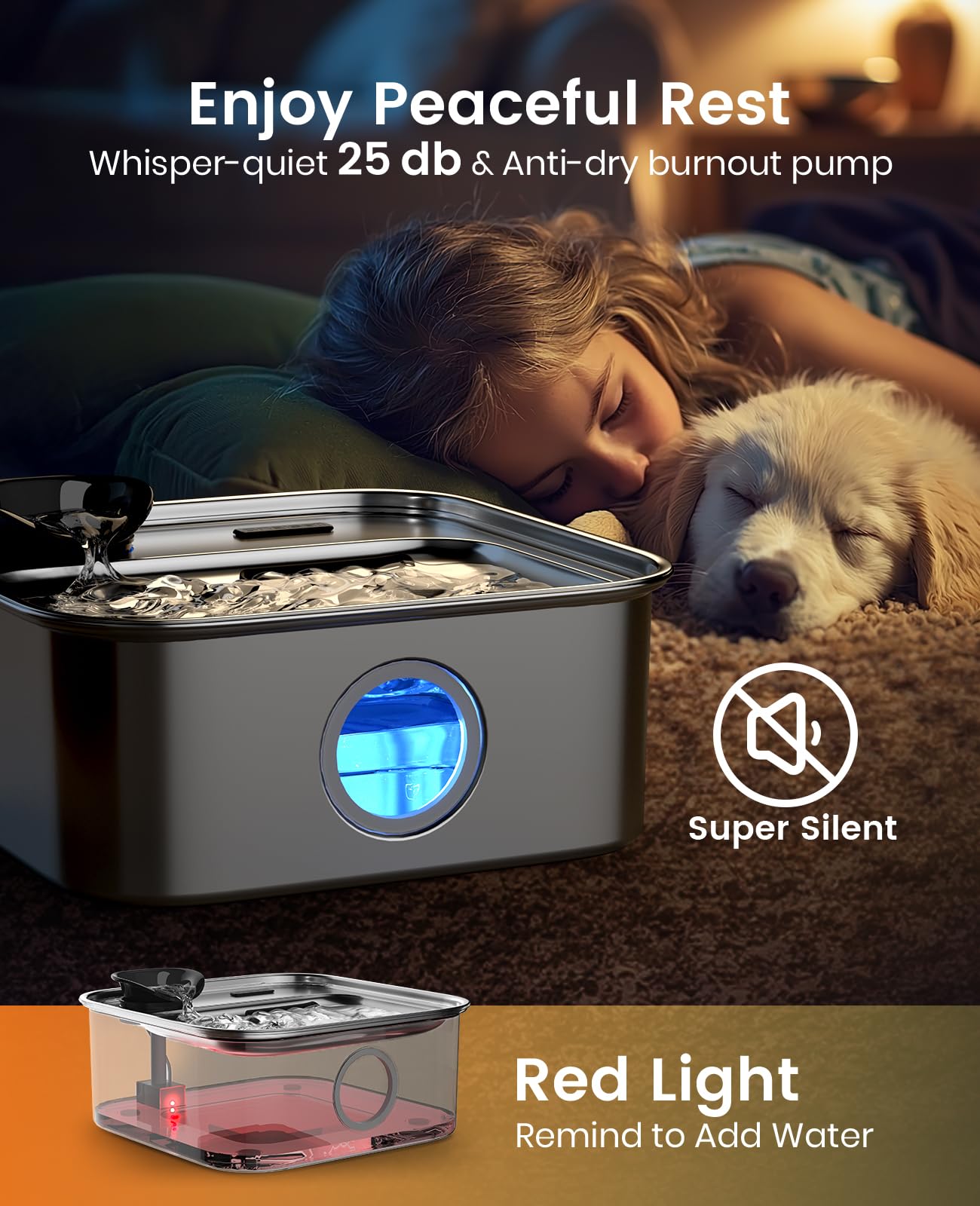 oneisall Dog Water Fountain, 2.6Gal/10L Stainless Steel Dog Water Bowl Dispenser with Deeper Drinking Aera & Washable Filter, Ul