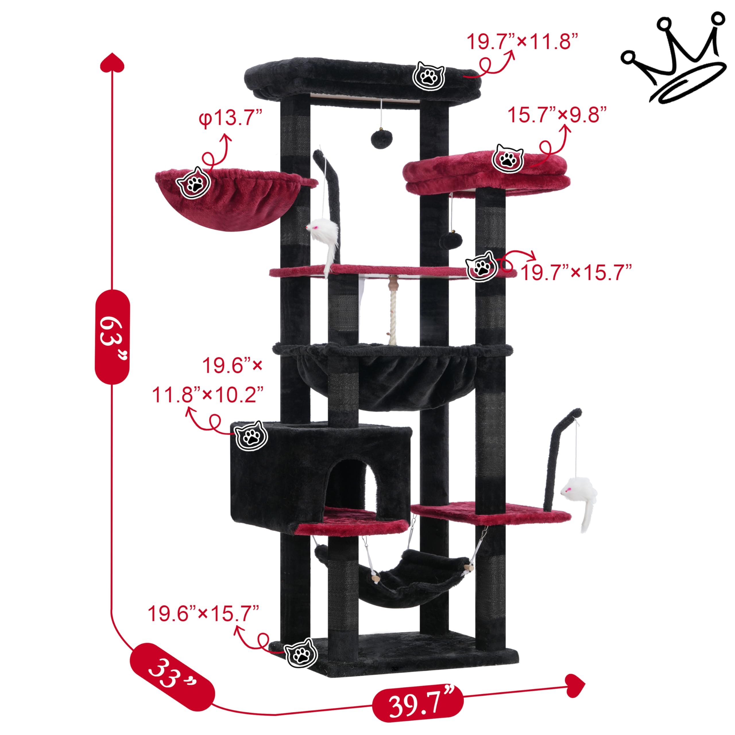 Gitelsnour Gothic Cat Tree, Cat Tower For Large Cats With 2 Big Platforms, 2 Baskets, Condo And Toys, 63'' Cat Scratching Posts