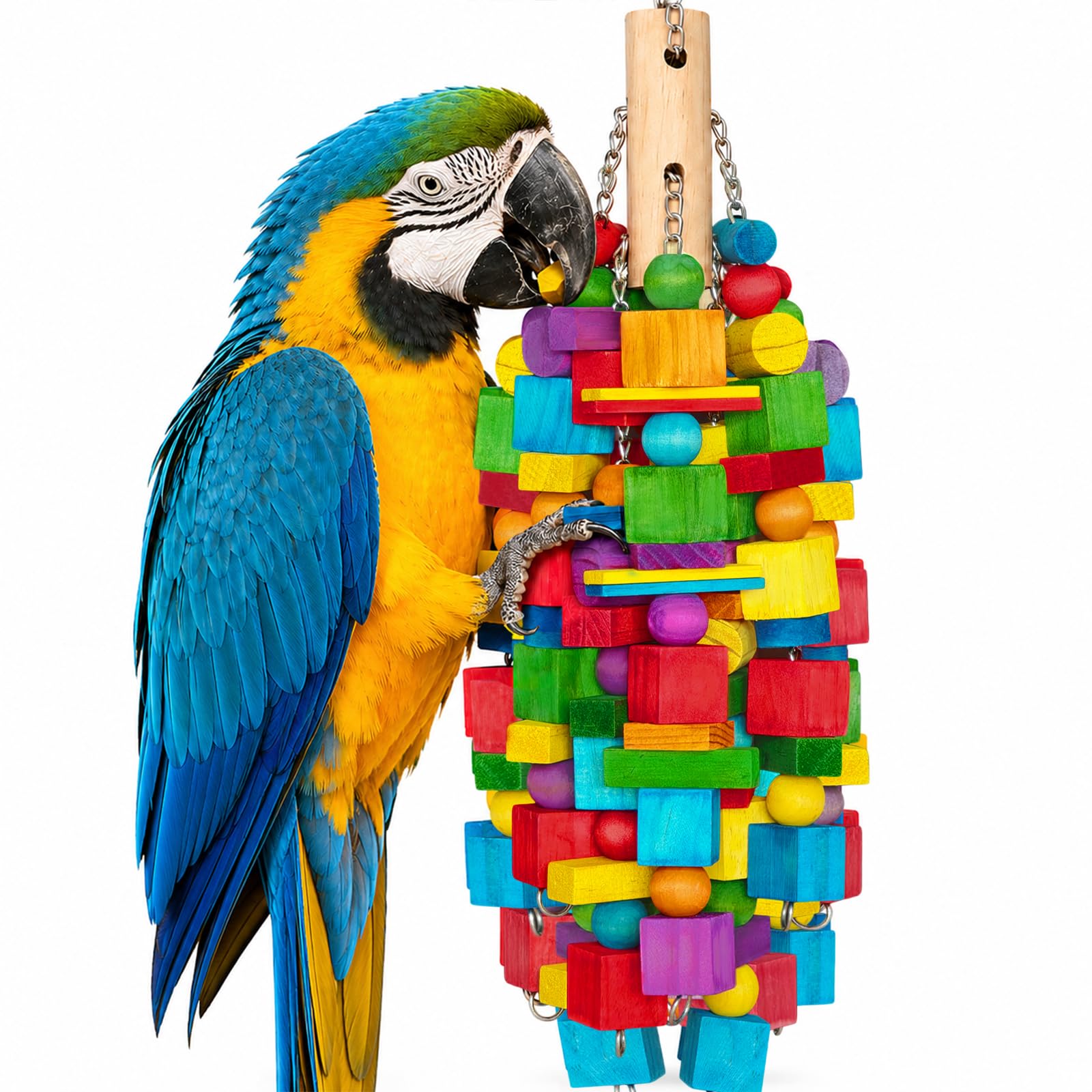 Zephyriel Large Bird Toy, 20 in XL Parrot Toys Natural Wood Blocks Bird Chew Toy for Foraging, Stainless Steel Chain Hanging Cag