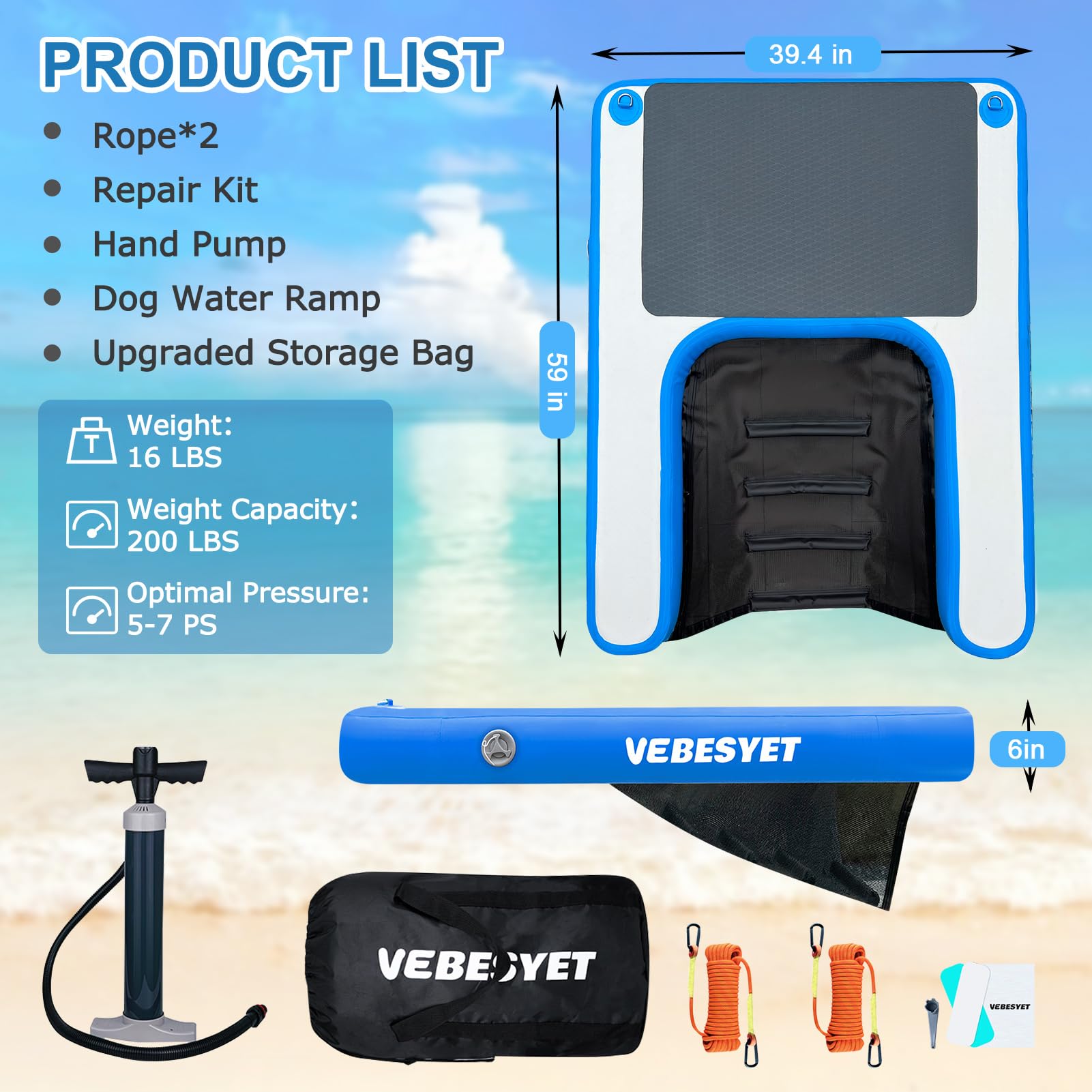 VEBESYET Inflatable Dog Ramp, 5FT Non-Slip EVA Ladder for Pools & Boats, Supports Pets Up to 220LBS, Blue - Model VE-005