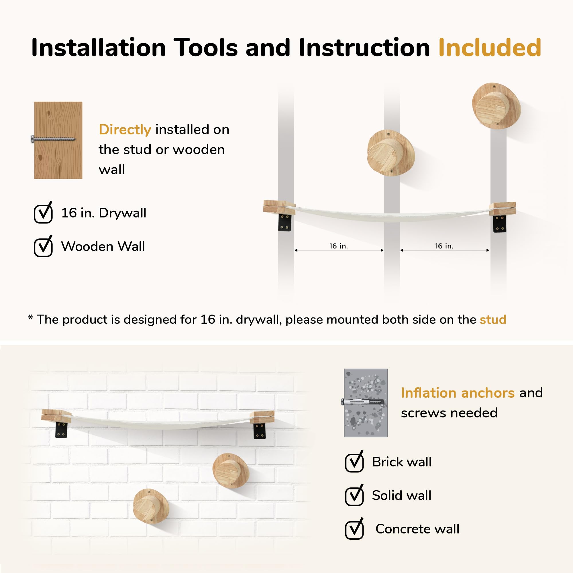 Fukumaru Cat Wall Furniture, 2 Pcs Climbing Shelves Set, Solid Rubber Wood Cat Shelf, Cats Perches For Wall Sleeping, Playing, J