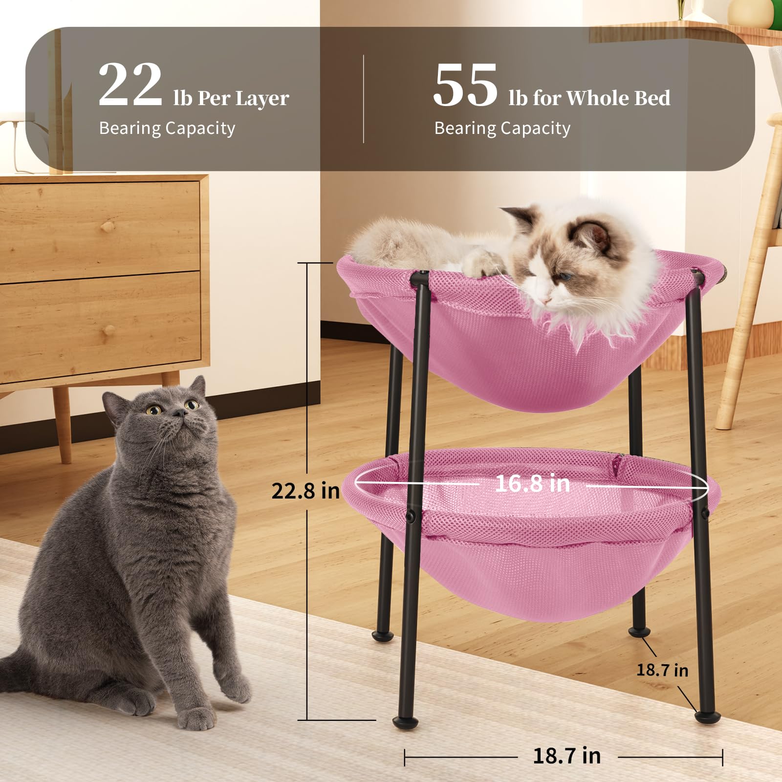 Junspow Double Cat Bed Pink, Breathable Pet Bed For 2 Cats With 4 Adjustable Feet & Anti-Slip Mats, Easy Assembly Cat Hammock Fo