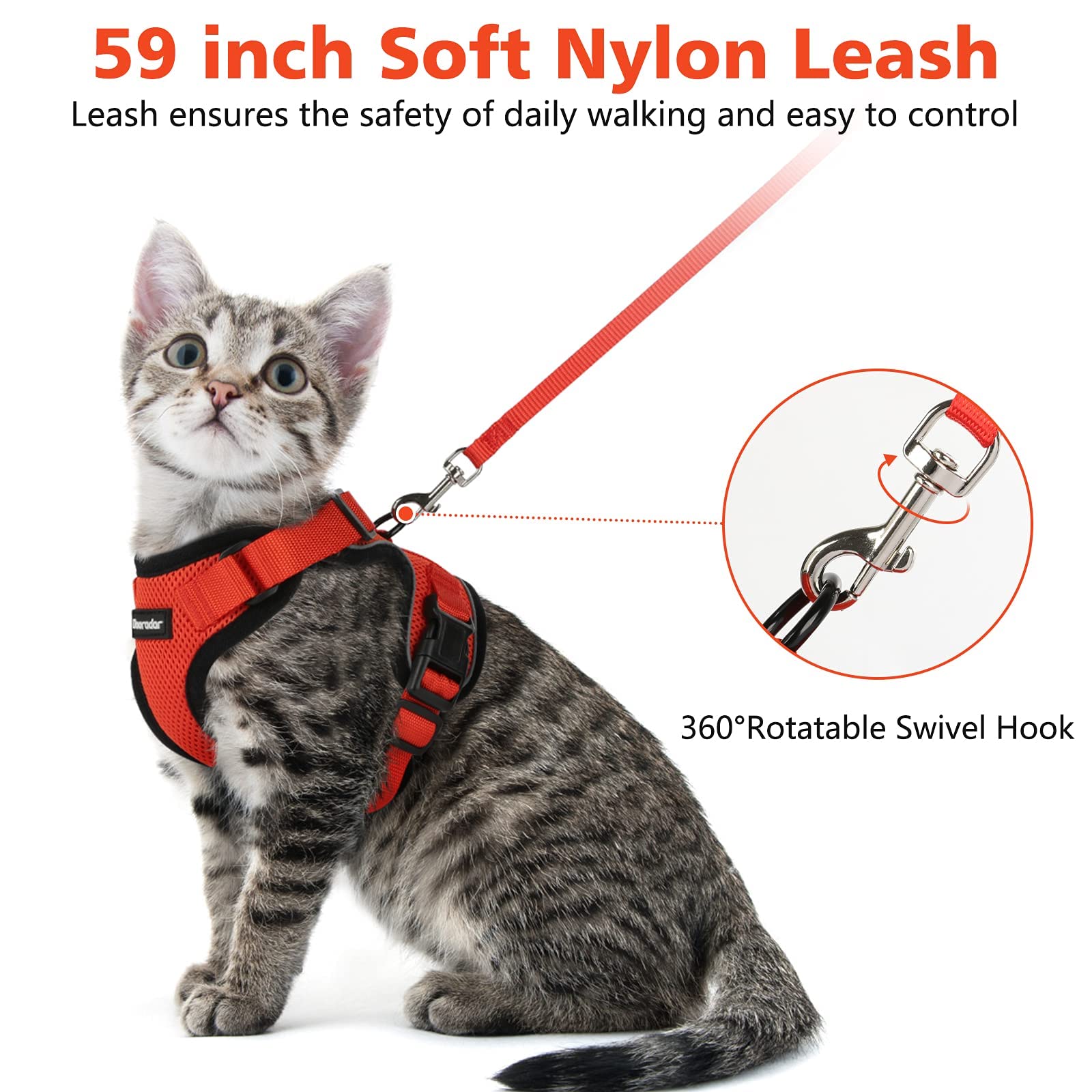 Dooradar Cat Harness And Leash Set, Escape Proof Safe Adjustable Kitten Vest Harnesses For Walking, Easy Control Soft Breathable Mesh Jacket With Reflective Strips For Cats, Reddish Orange, S