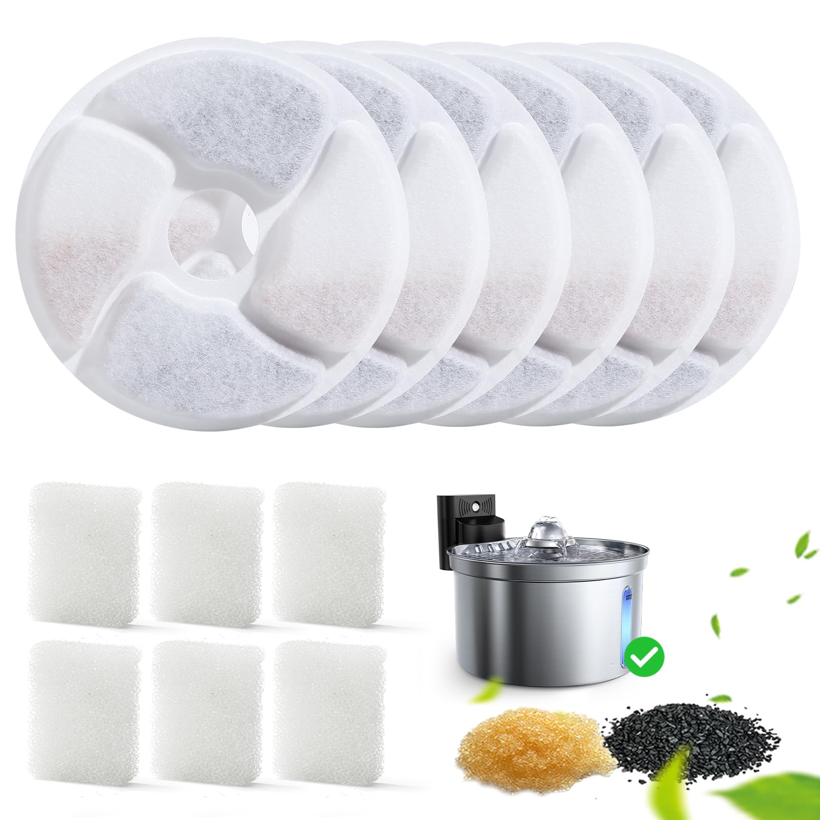 6 Pack Cat Water Fountain Filter & 6 Pack Pump Filter Sponges Replacement For [Fn-W19] - 6 Filters+1 Abs Shell+6 Sponges