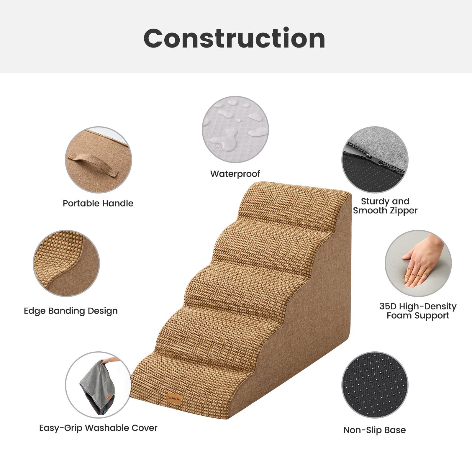 Gardner Pet Dog Stairs for Small Dogs 22.8 H, 5-Step Brown Curved Pet Stairs, Dog Steps for High Bed, Couch (24-30 in) with Dura