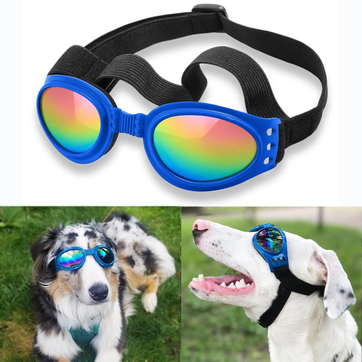 Qumy Dog Sunglasses Dog Goggles For Medium Large Breed Dogs, Wind Dust Fog Protection Eye Wear Pet Glasses With Adjustable Strap For Motorcycle Car Driving Bike Riding Hiking Swimming Over 15Lbs Blue