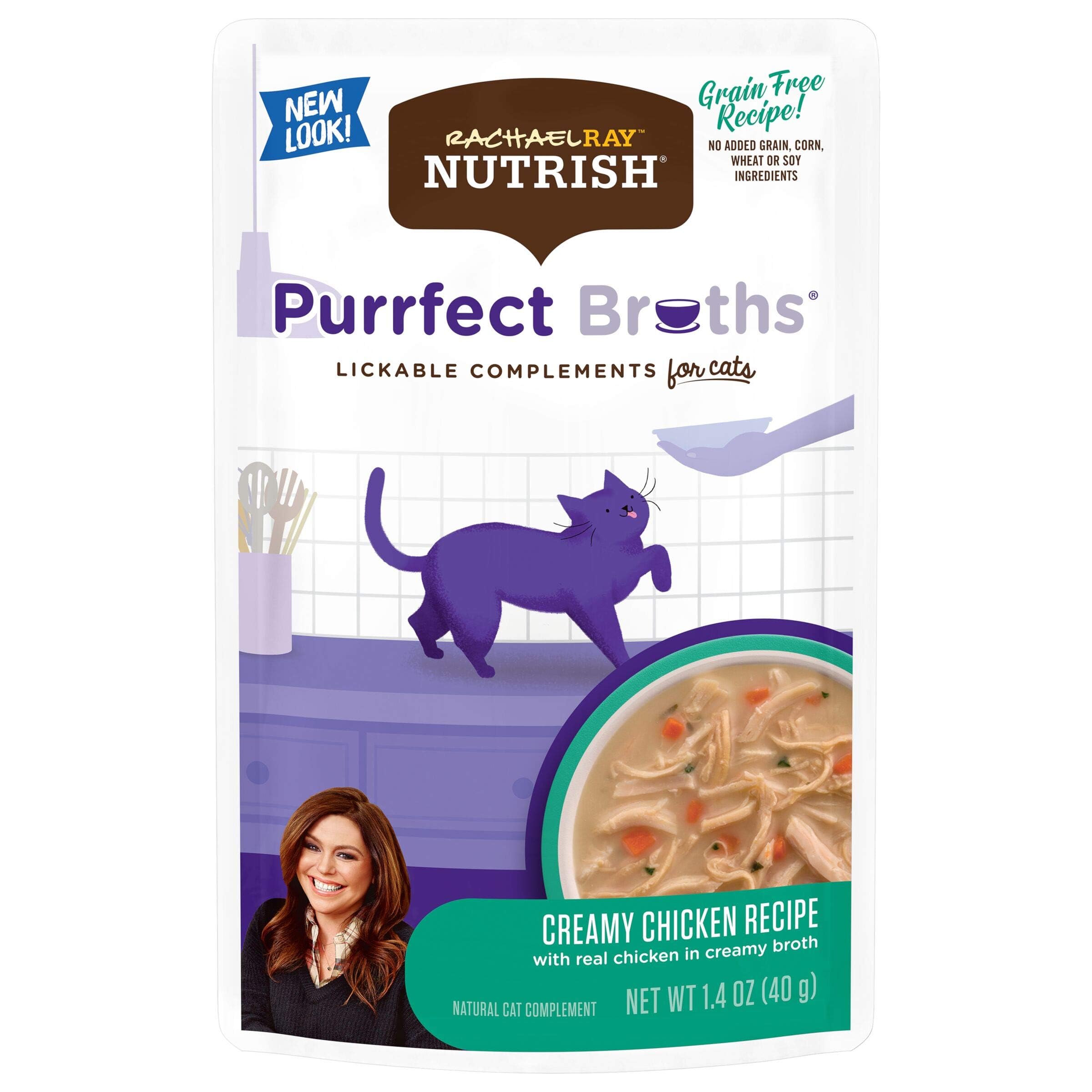 Rachael Ray Nutrish Purrfect Broths Wet Cat Food, Creamy Chicken Bisque with White Meat Chicken & Veggies Recipe, 1.4 Ounce Pouc