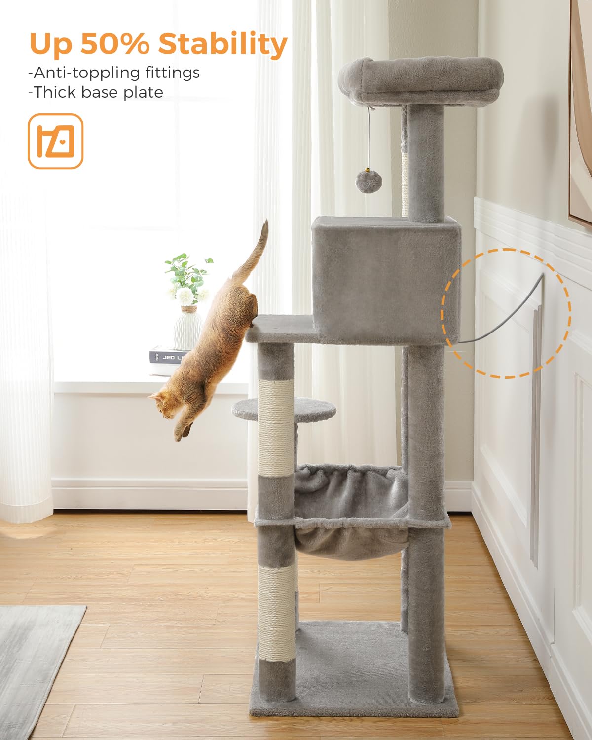 PEQULTI Cat Tree for Large Cats with Metal Frame Big Hammock, Cat Tower for Indoor Cats with 2 Door Condo House, [56.3 =143cm] M