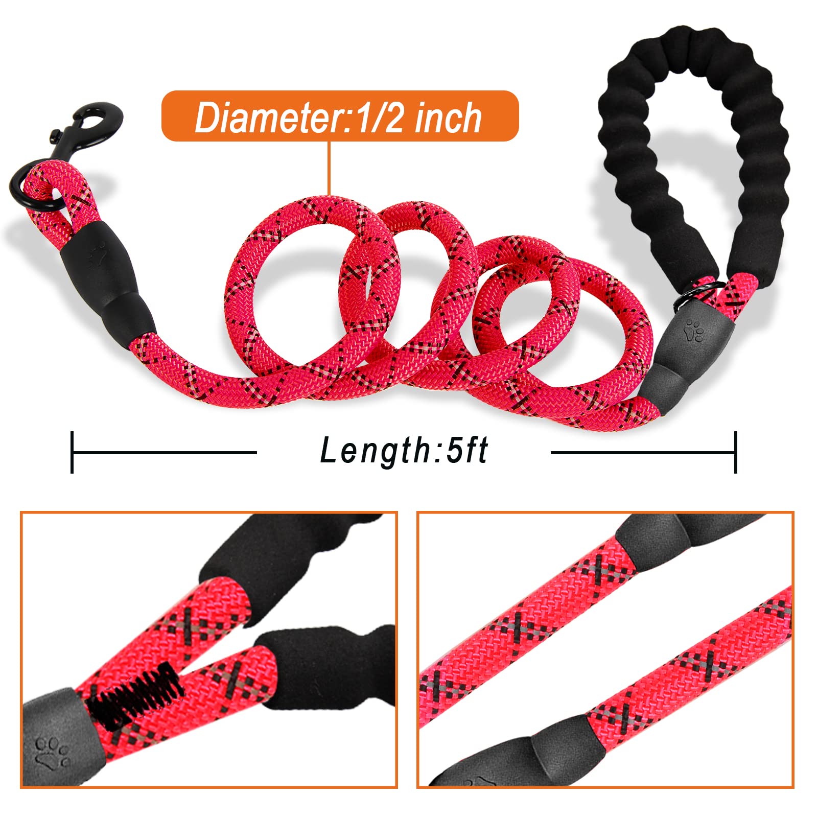 Barkbay 2 Pack Dog Leashes For Large Dogs Rope Leash Heavy Duty Dog Leash With Comfortable Padded Handle And Highly Reflective Threads 5 Ft For Small Medium Large Dogs(Red+Black)