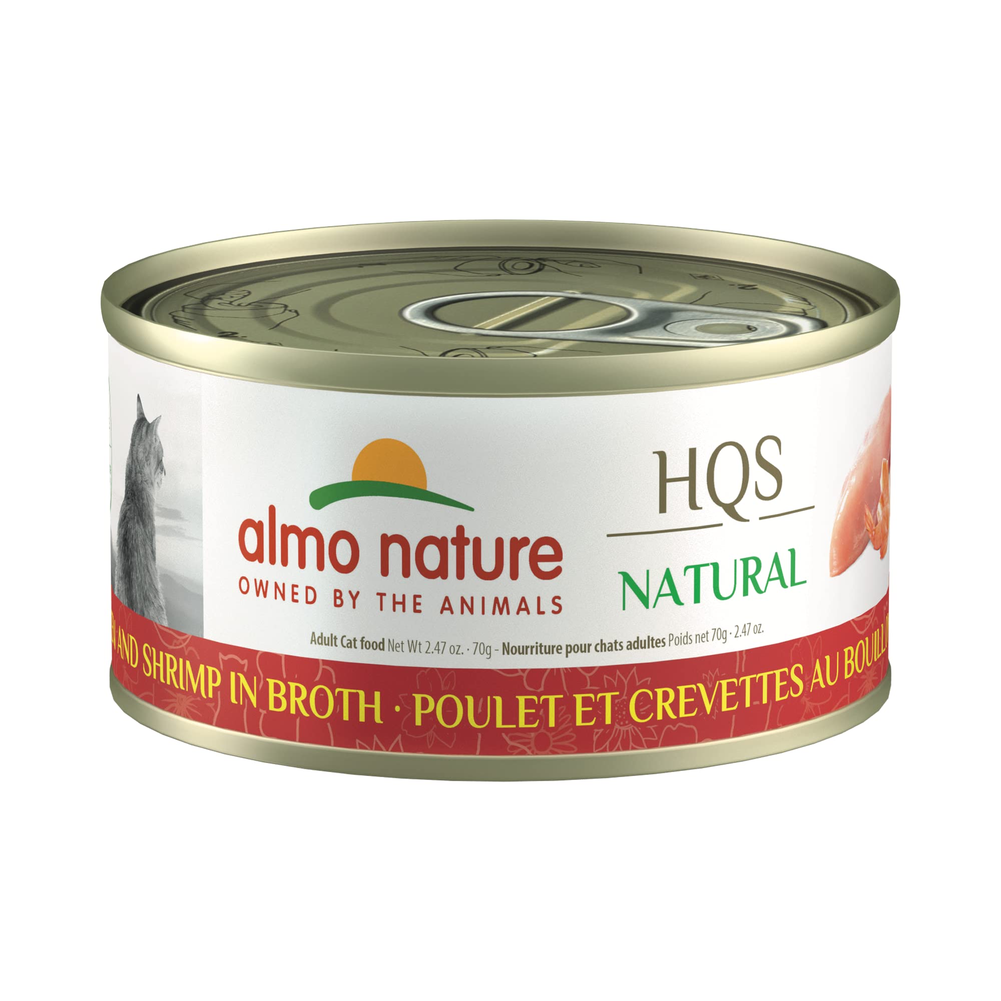 almo nature HQS Natural Chicken & Shrimp, Grain Free, Additive Free, Adult Cat Canned Wet Food, Shredded, 24 x 70g/2.47 oz (1014