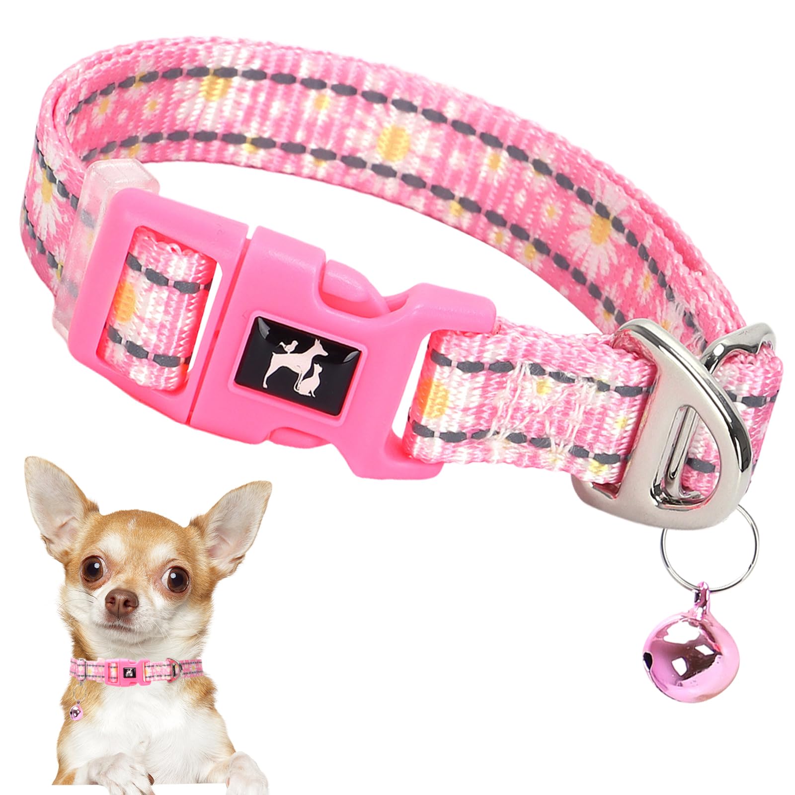 Daisy Reflective Nylon Puppy Collar With Bell - Adjustable Xxs/Xs Small Dog Collar For Chihuahua, Pomeranian, Yorkie - Lightweig
