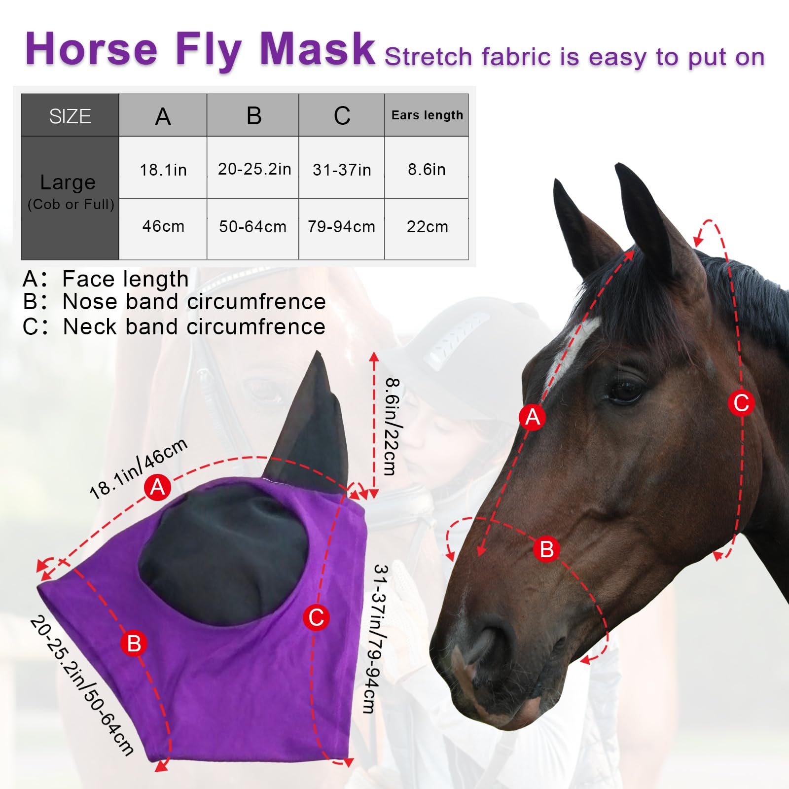 HUAME Fly Masks for Horses with Ears Set of 3, Comfort Fit Stretchy Fabric with UV Protection Soft on Skin Breathability for Med