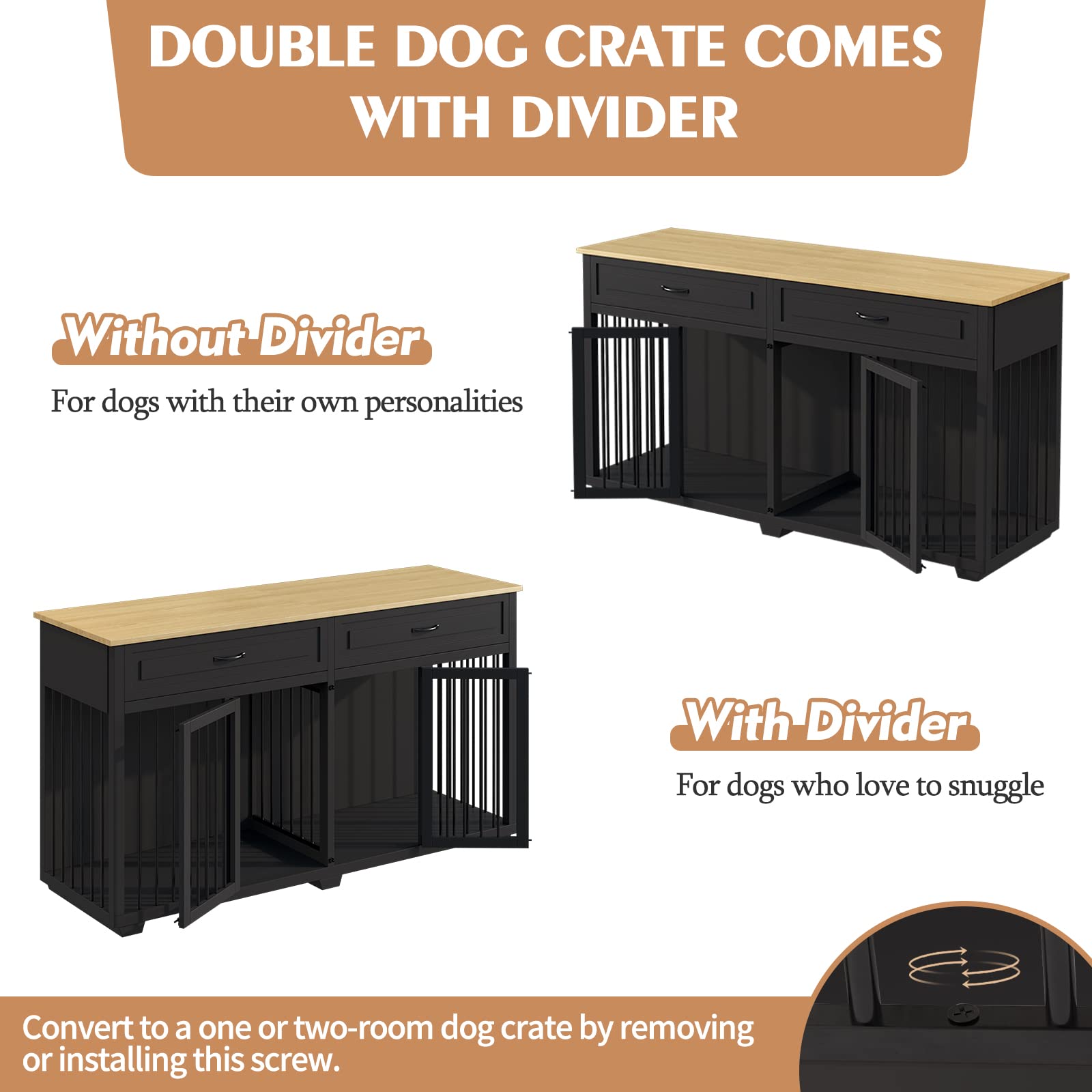 PIAOMTIEE Dog Crate Furniture, 72.4 Inch Indoor Wooden Dog Kennel Cage House, Modern Decorative End Table with Double Doors, Dra