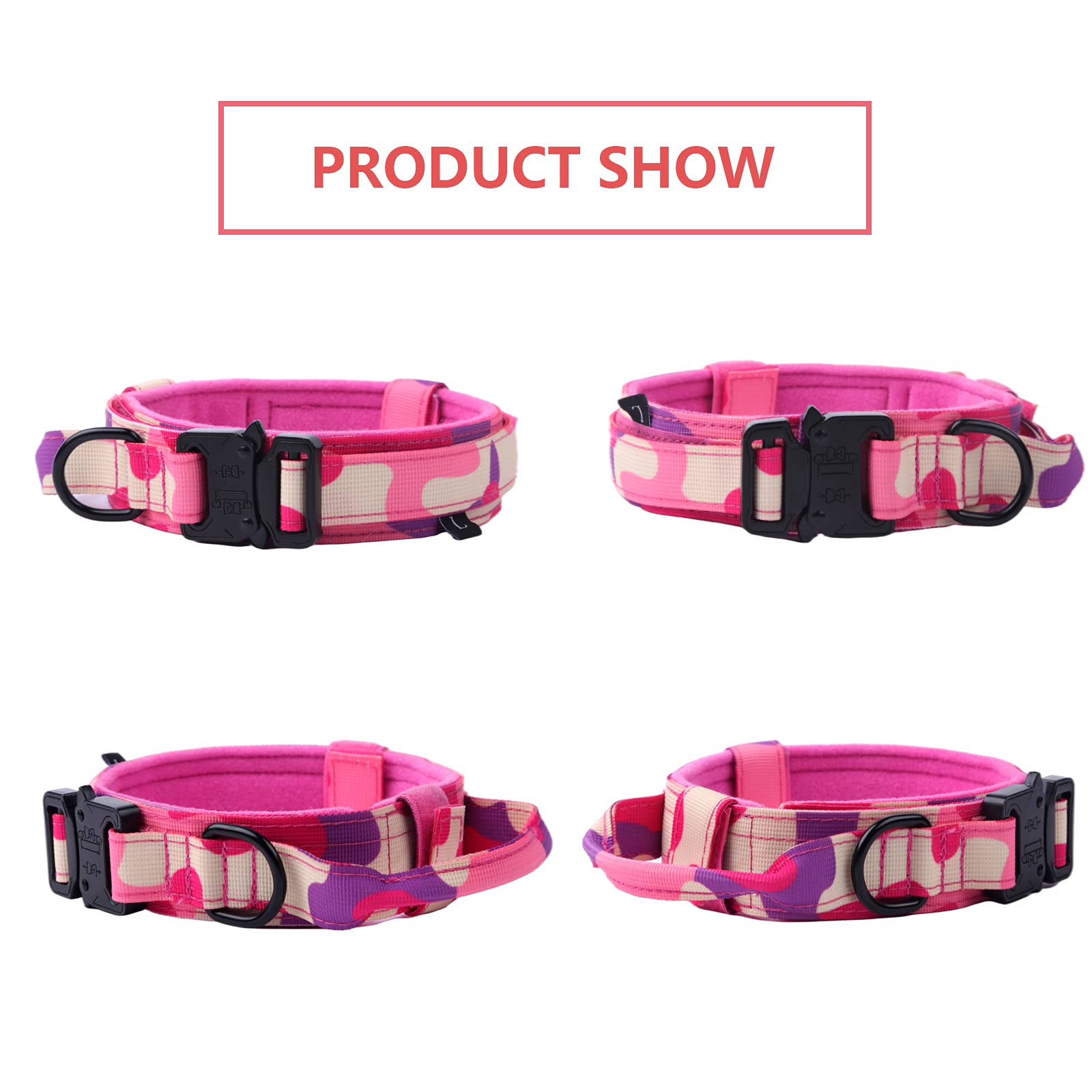 Tactical Dog Collar Military Dog Collar Adjustable Nylon Dog Collar Heavy Duty Metal Buckle With Handle For Dog Training (Pink Camo,Xl)