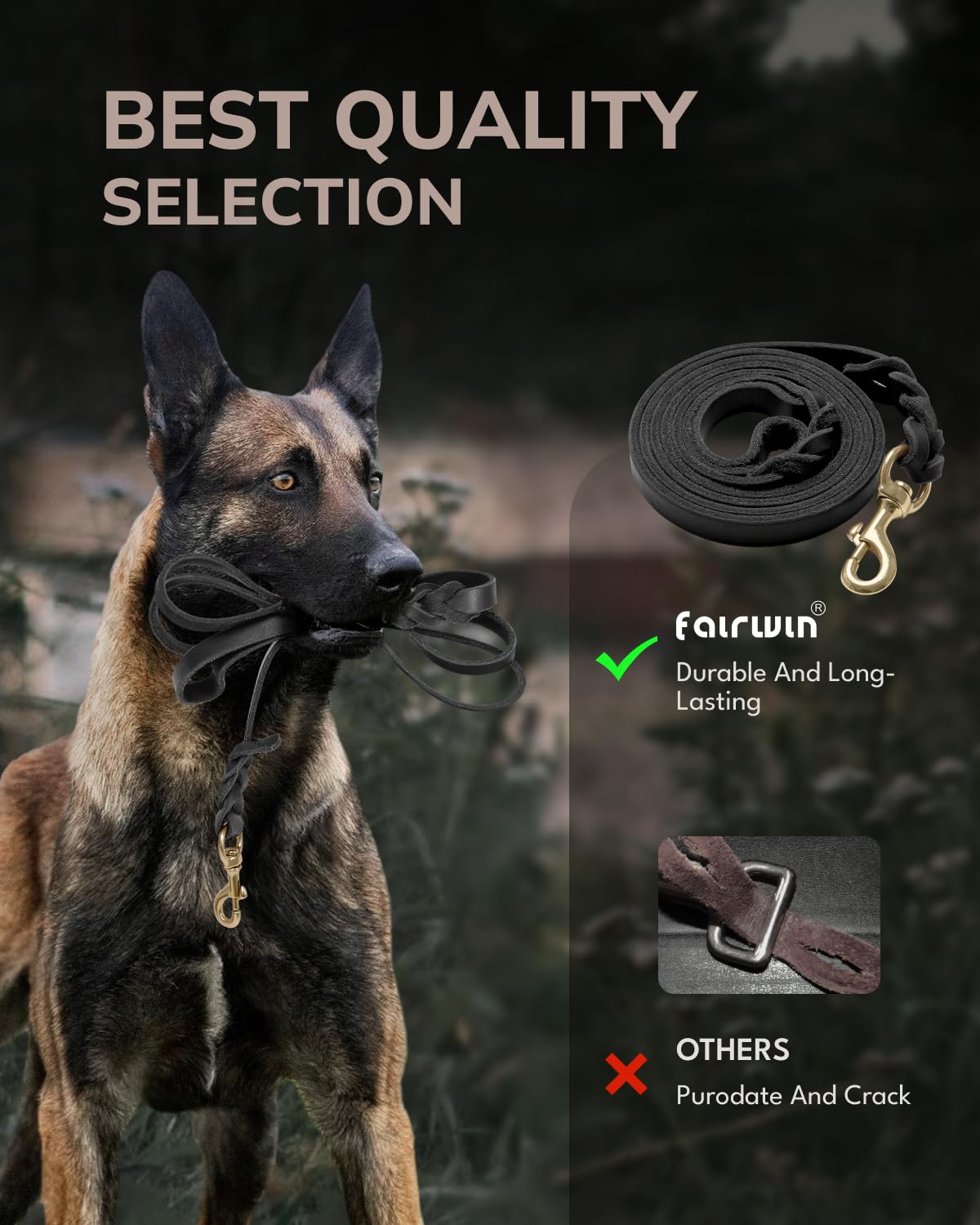 Fairwin Leather Dog Leash 6 Foot - Braided Military Grade Heavy Duty Dog Leash For Large Medium Small Dogs Training And Walking