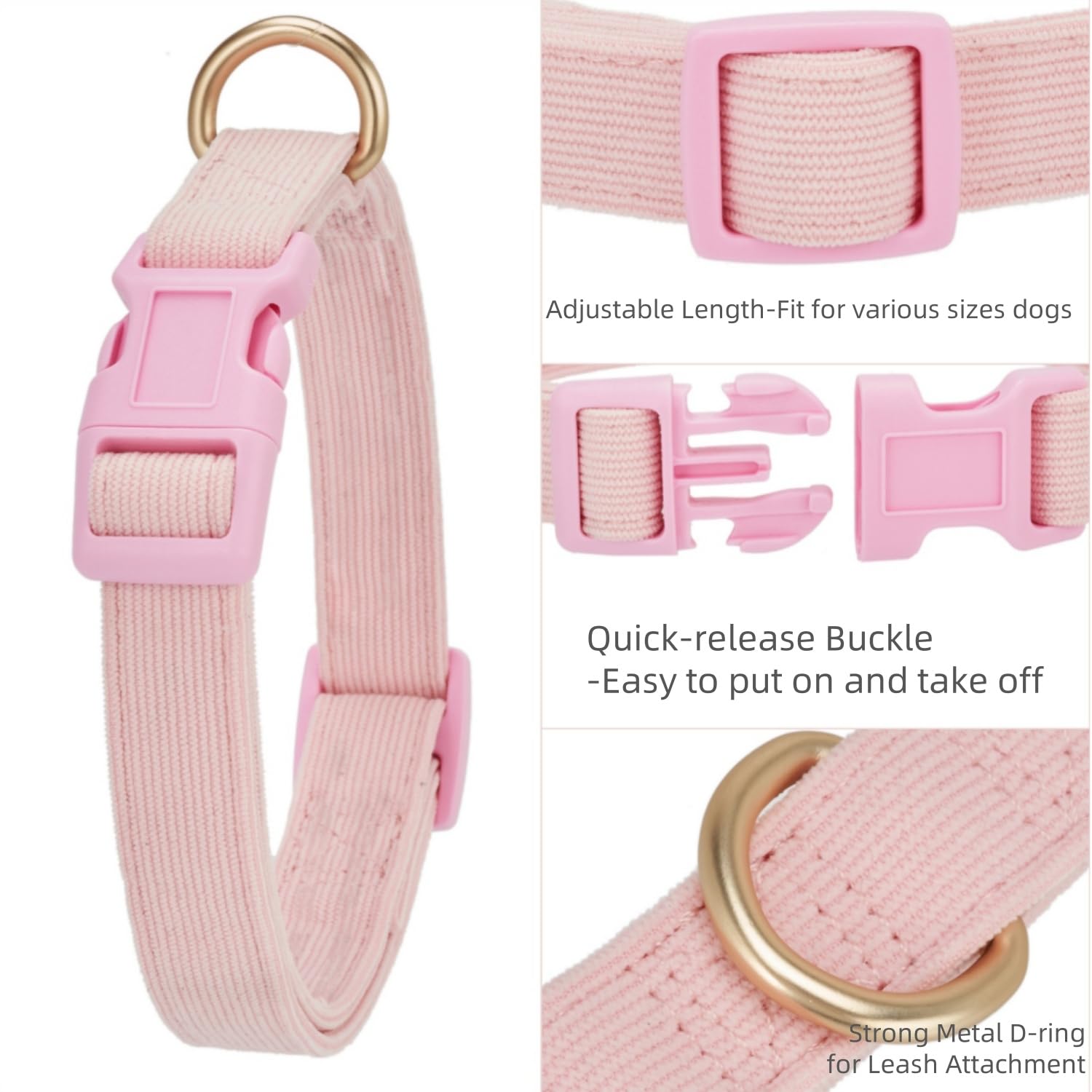 Petiry Soft Corduroy Fibric Dog Collar, Quick Side Release Buckle, for Medium Dogs(Light Pink,Medium:12-19'')