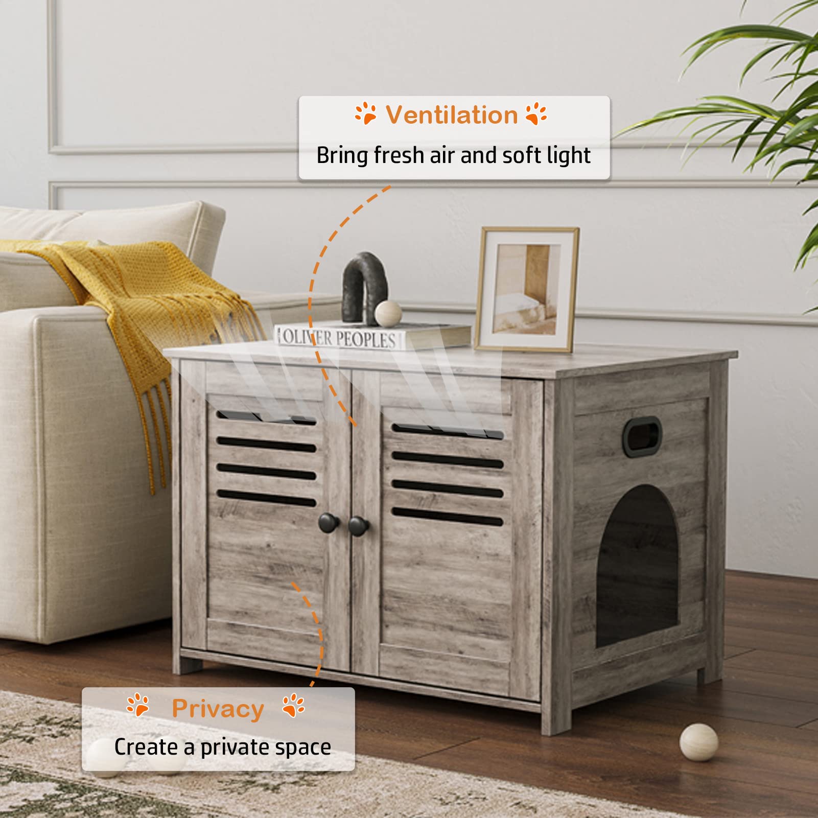 Dinzi Lvj Litter Box Enclosure, Cat Litter House With Louvered Doors, Entrance Can Be On Left Or Right Side, Spacious Hidden Cat Washroom For Most Of Litter Box, Cat Furniture Cabinet, Greige