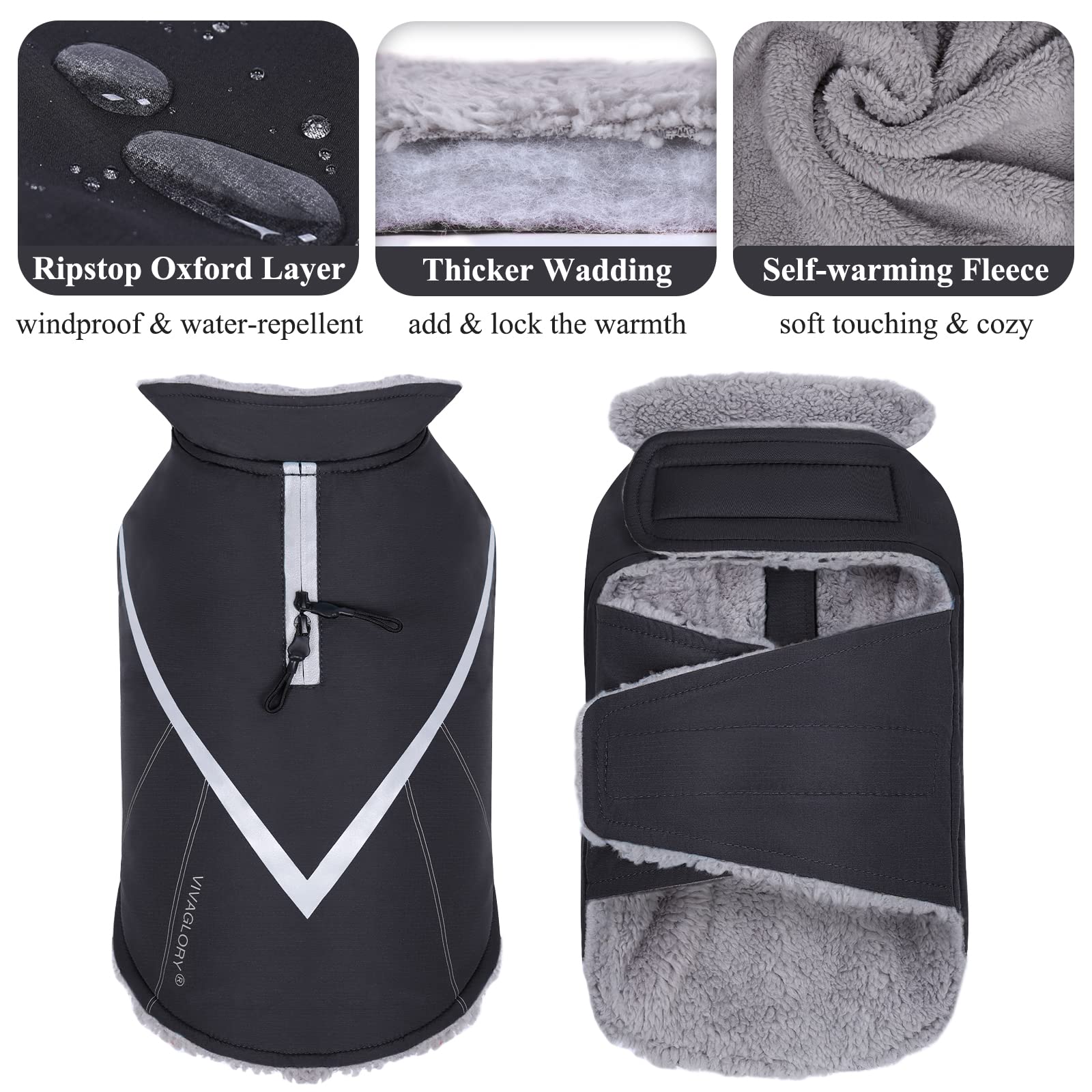 Vivaglory Cold Weather Dog Coats, Warm Dog Fleece Vest Jacket With Two-Way Zipper Opening, Dog Coats Pet Jacket With Fleece Lini