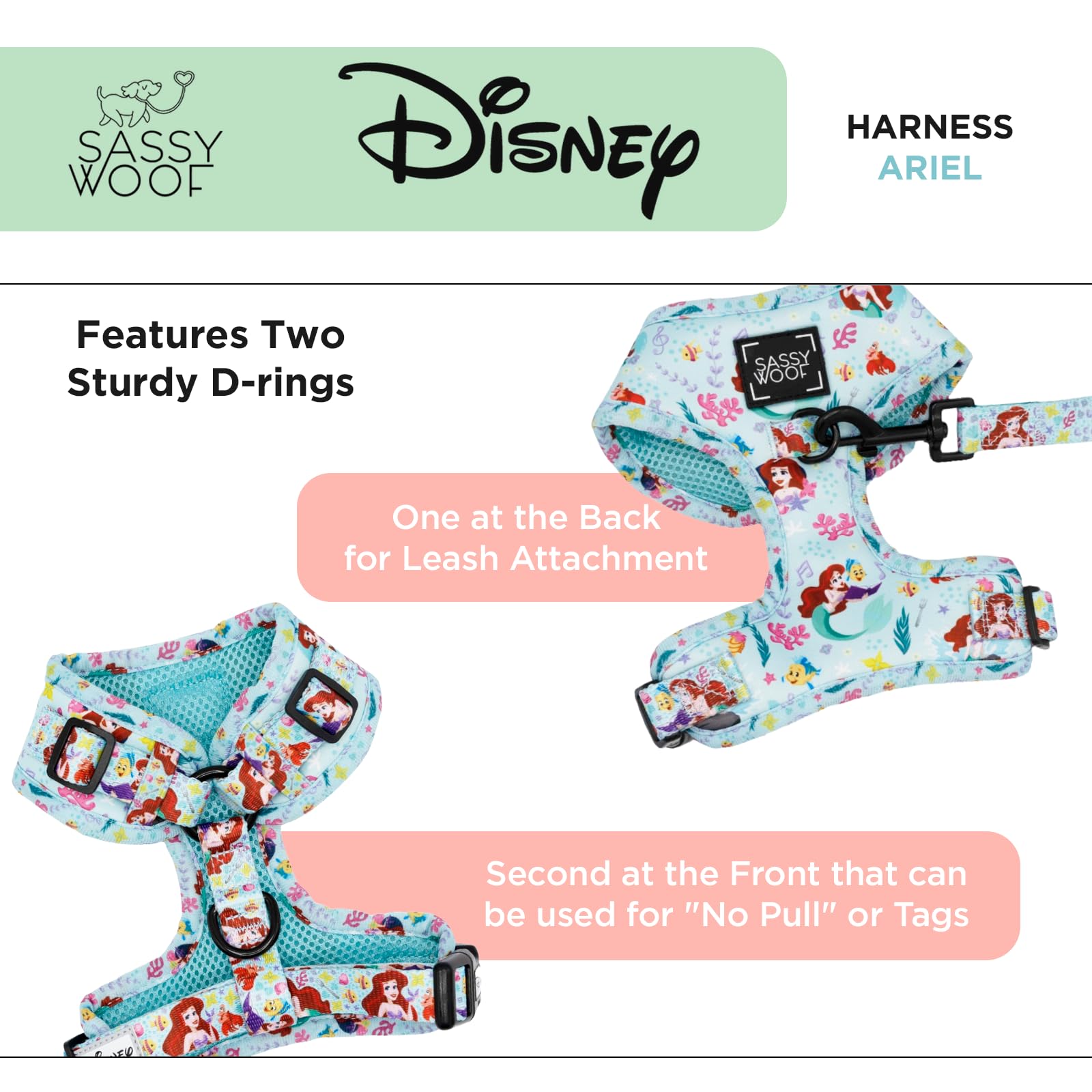 Sassy Woof Dog Adjustable Harness - Disney Princess Little Mermaid Ariel - M, Breathable Mesh, No Pull Design With Two D-Rings,