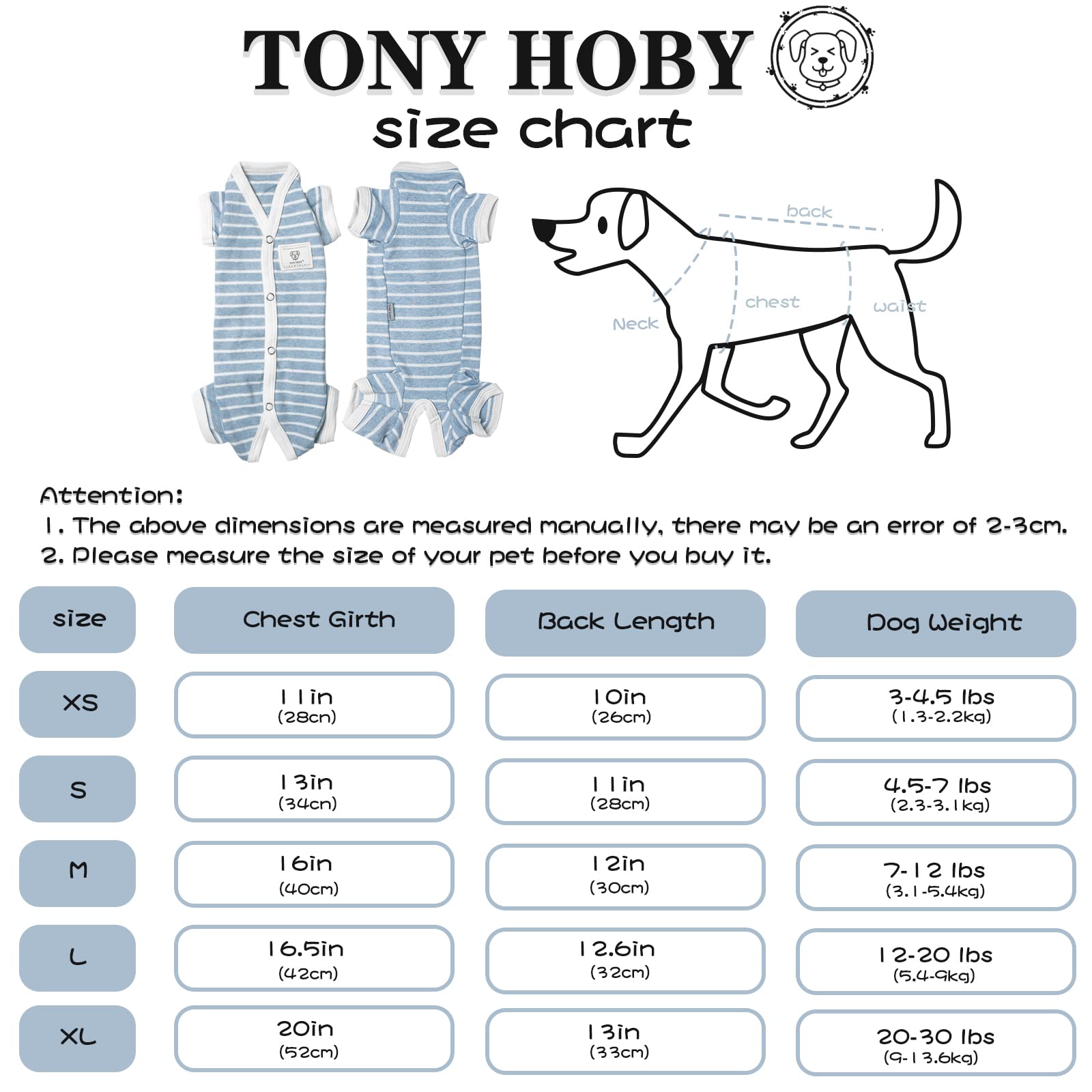 Tony Hoby Female/Male Pet Dog Pajamas Stripes 4 Legged Dog Pjs Jumpsuit Soft Cotton Dog Clothes (Xl,Blue+White-Girls)