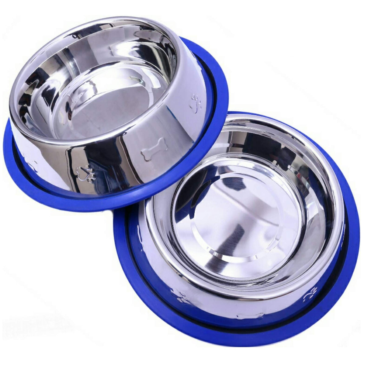 Set of 2 Etched Stainless Steel Dog Bowls, Easy to Clean with Non-Skid No-Tip Silicone Ring, Feeding Bowls for Dogs (2 Pak / 32o