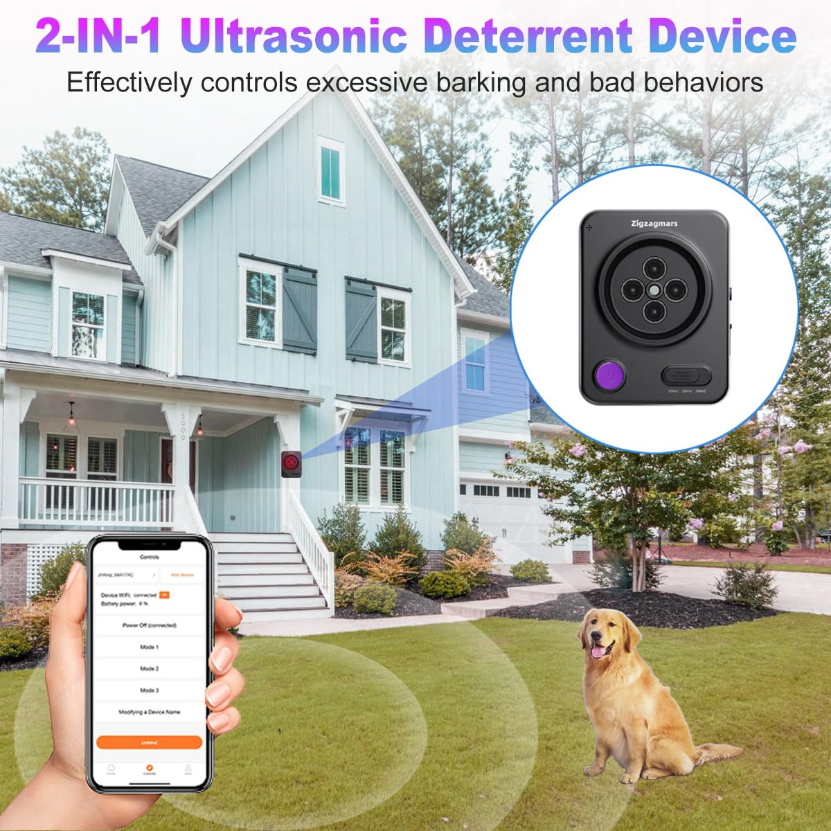 Zigzagmars Anti Barking Device For Dogs, Ultrasonic Dog Barking Control With Auto & App Mode, Rechargeable, Rainproof Sonic Dete