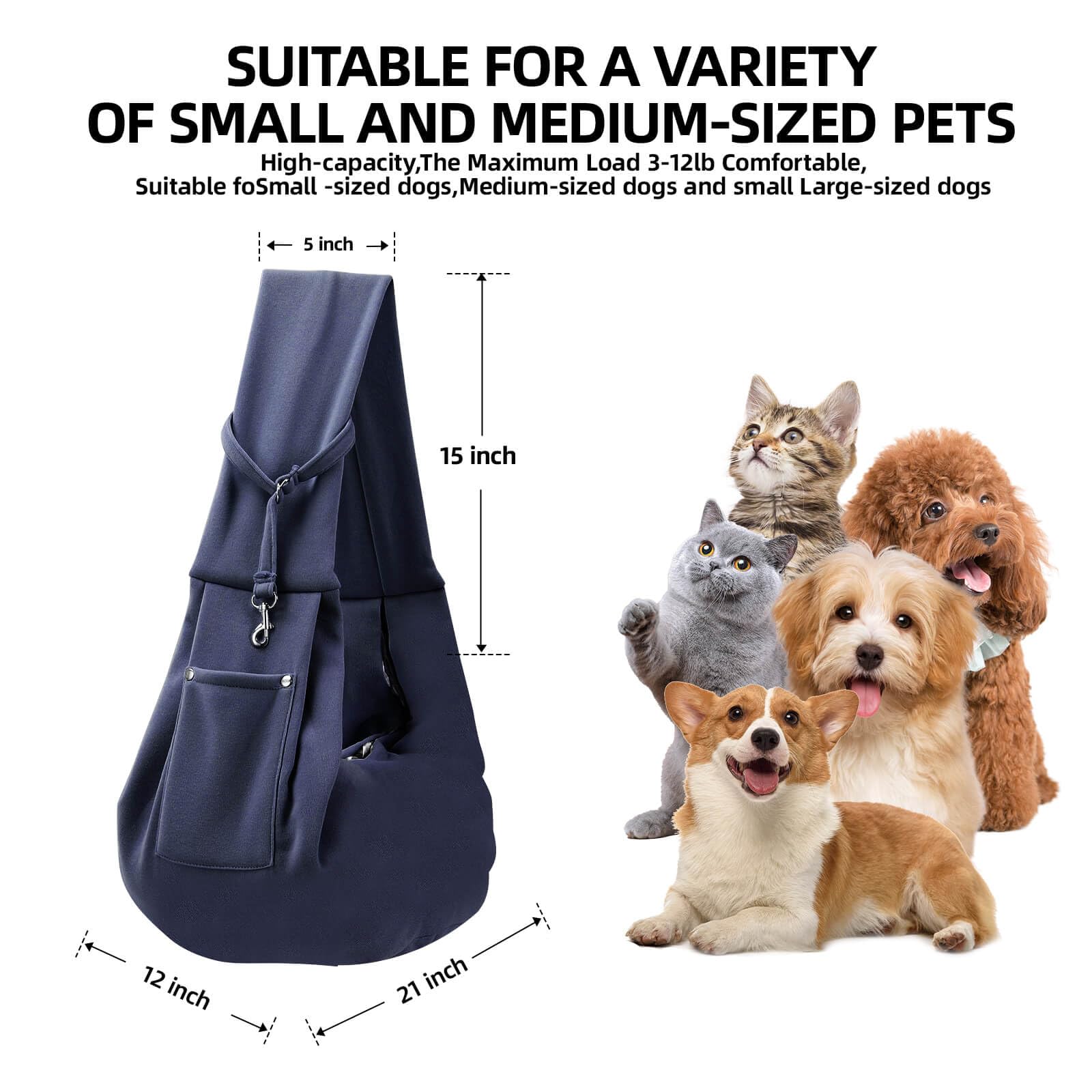 Dog Carrier Sling - Reversible Puppy Carrier Purse With Storage Pocket, Hand-Free Dog Sling Carrier For Carry Small Dogs And Cats, Travel Safety Harness, Dog And Cat Harness (Dark Blue)