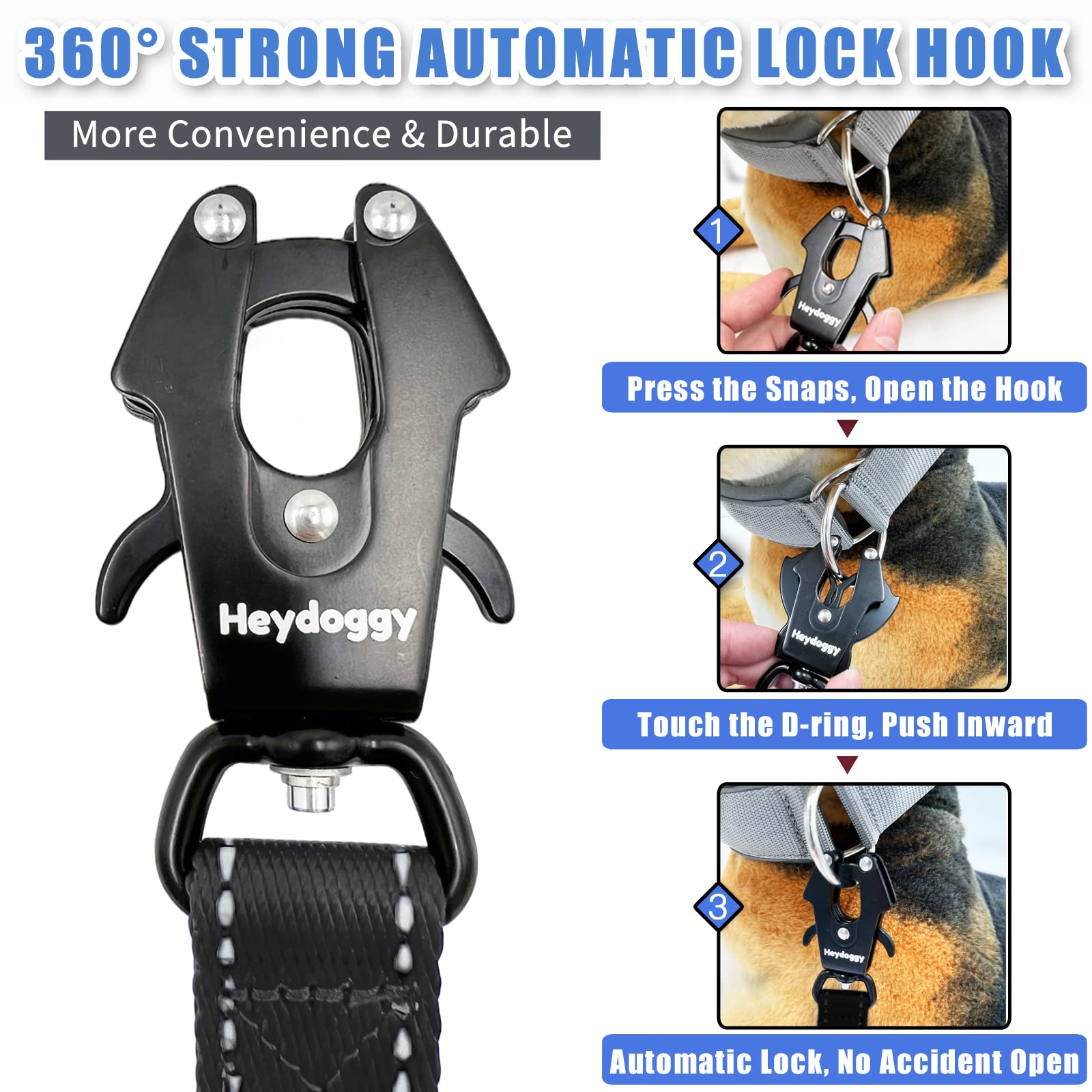 Strong Heavy Duty Dog Leash - 6Ft Reflective Nylon Training Leash With Soft Padded Double Handle & Auto Lock Frog Clip - Safety Traffic Control For Large Medium Small Dogs No Pull Walk Black Black,6Ft