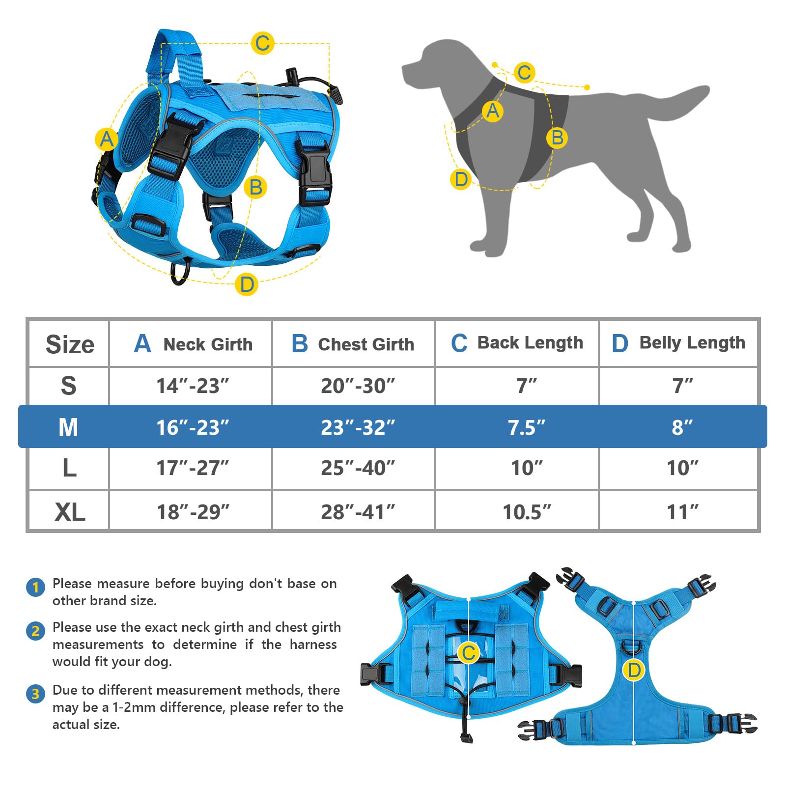 Wingoin Blue Tactical Dog Harness For Large Medium Dogs No Pull Adjustable Pet Harness With Handle Reflective K9 Military Service Dog Vest For Walking Hiking Training (M)