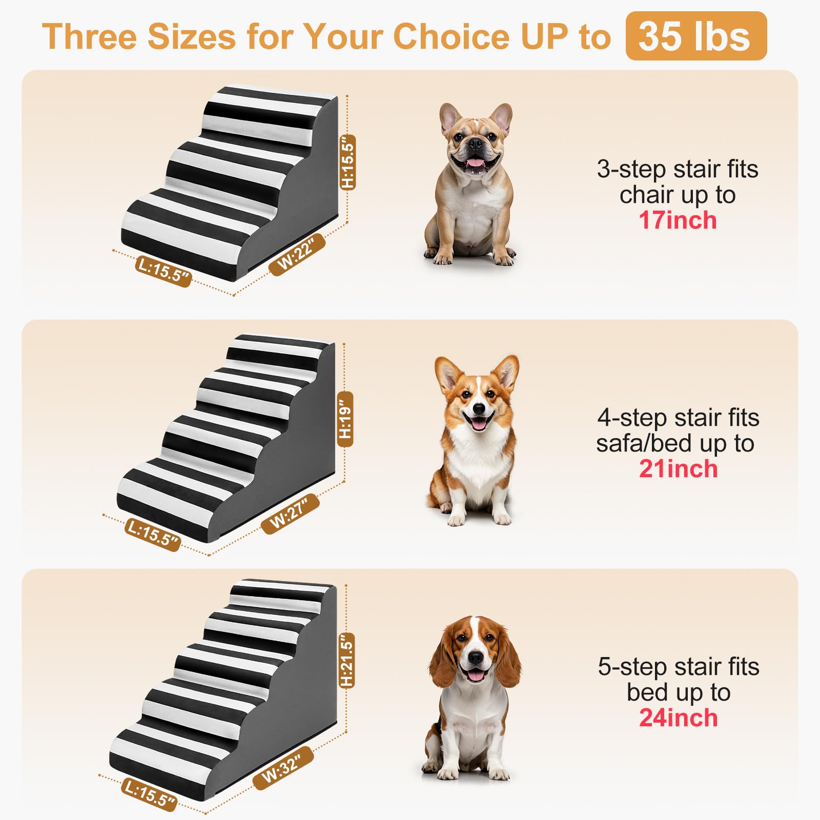 Joejoy Curved Dog Stairs Ramp For Small Dogs 15.5 H, 3-Step Dog Stairs For High Beds And Couch, Pet Steps For Small Dogs And C