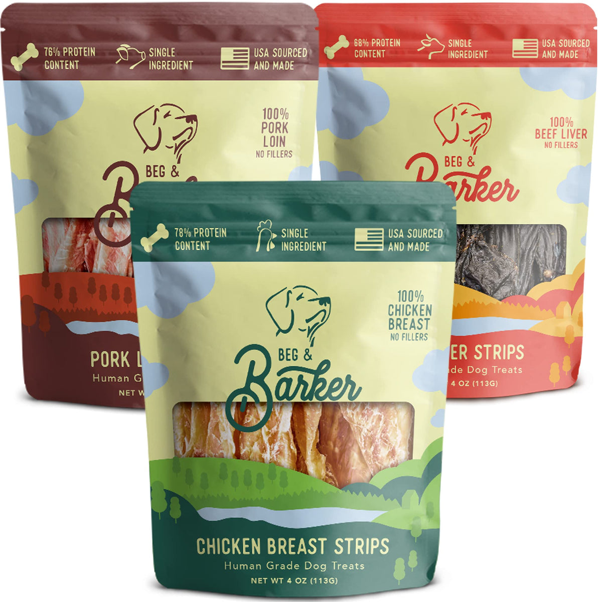 Beg & Barker Chicken, Beef Liver And Pork Jerky For Dogs (4 Oz, Pack Of 3) - Dog Training Treats - Natural Dog Treats Made In The Usa - Grain Free, Diabetic-Friendly, High Protein, Sugar-Free