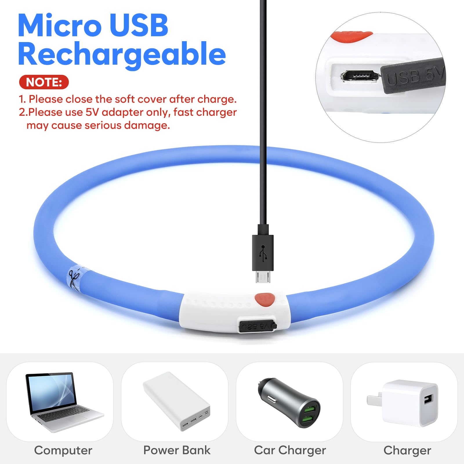 Higo Led Dog Collar Light, Usb Rechargeable Light Up Collars, Silicone Diy Cuttable Glowing Safety Collar For Your Small Medium Large Dogs (Blue)