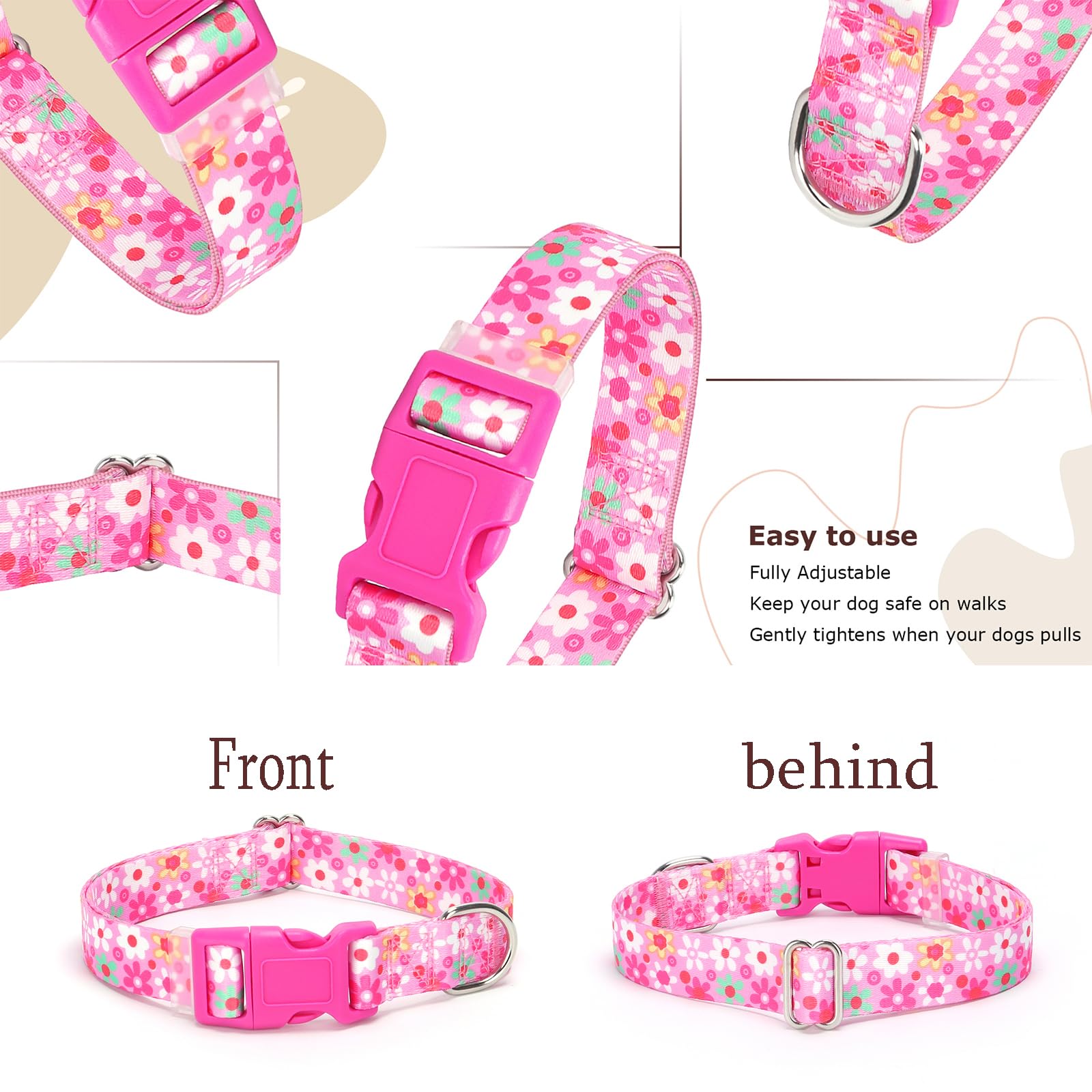 Pink Dog Collar For Medium Dogs With Flowers For Girl Dogs, Soft Nylon Adjustable Cute Female Dog Collars(Pink M)