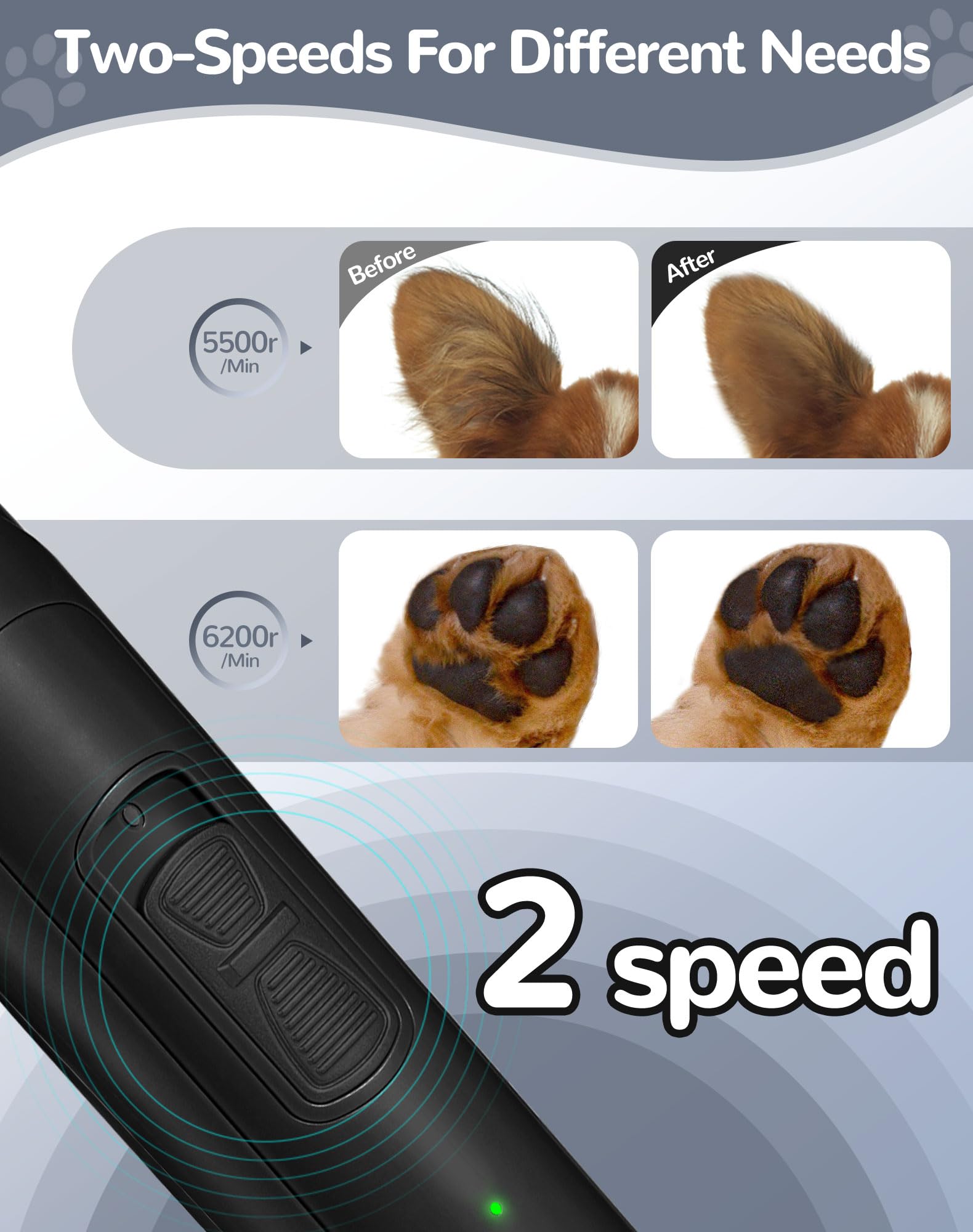 LEYOUFU Dog Clippers for Grooming, 2 Speed Dog Paw Trimmer with LED Light, Rechargeable Low Noise Pet Shaver for Trimming Dogs C