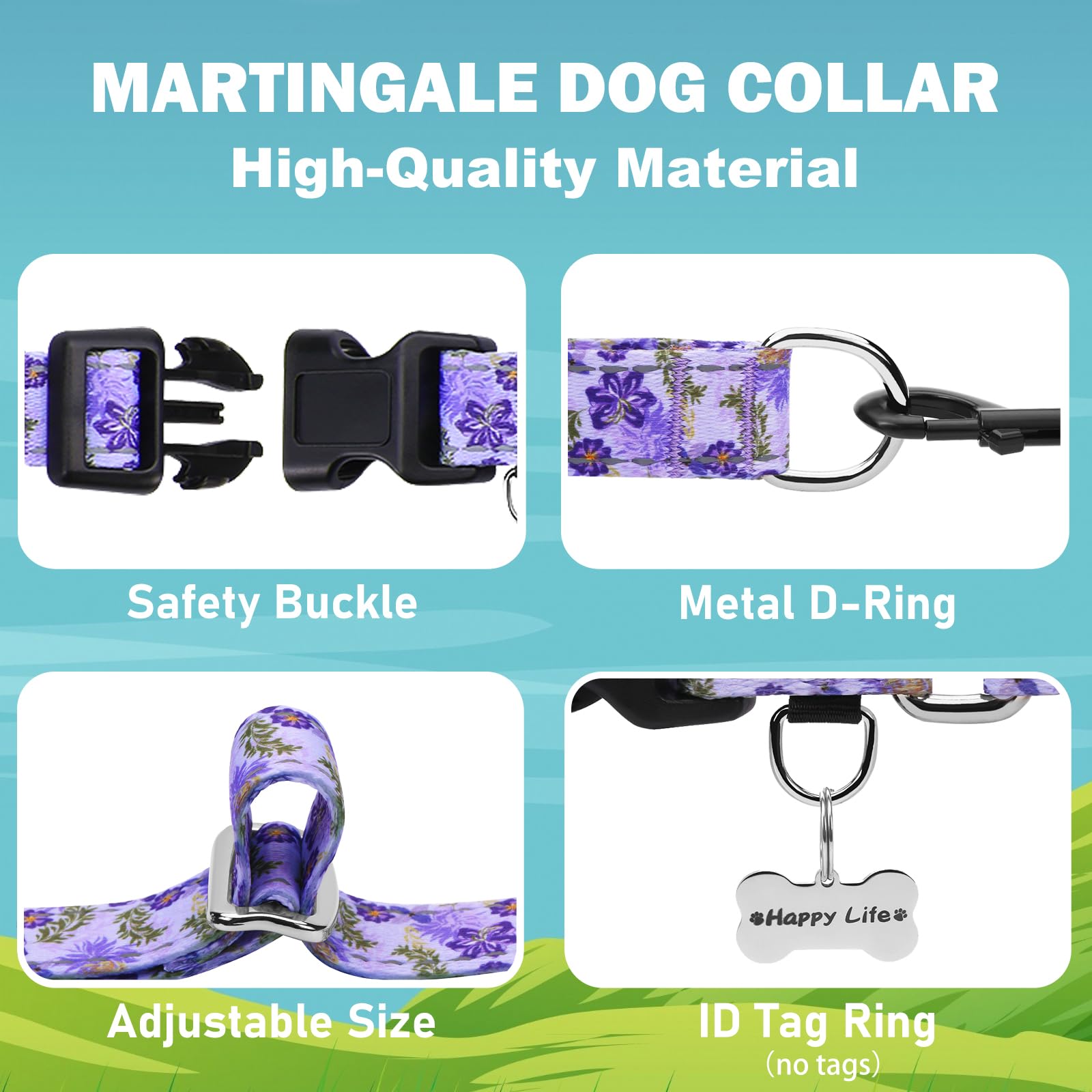 Fidohug Reflective Martingale Collar For Dogs With Quick Release Buckle Cute Girl Female Flower Dog Collars (Lavender Floral, Sm