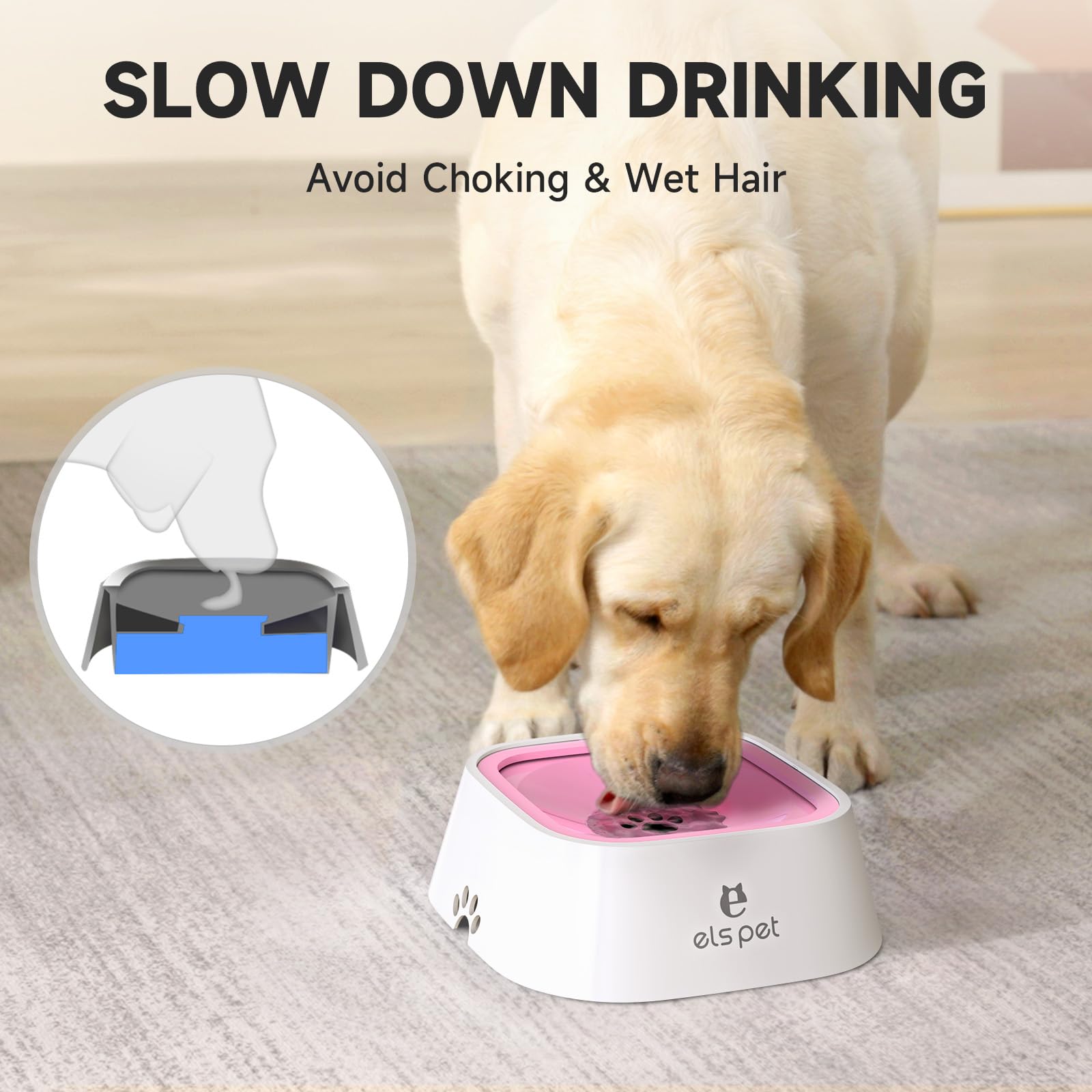 Els Pet Dog Bowl No Spill, Pet Water Bowl No Drip Slow Water Feeder Cat Bowl, Pet Water Dispenser 70Oz/2L Large Capacity Travel