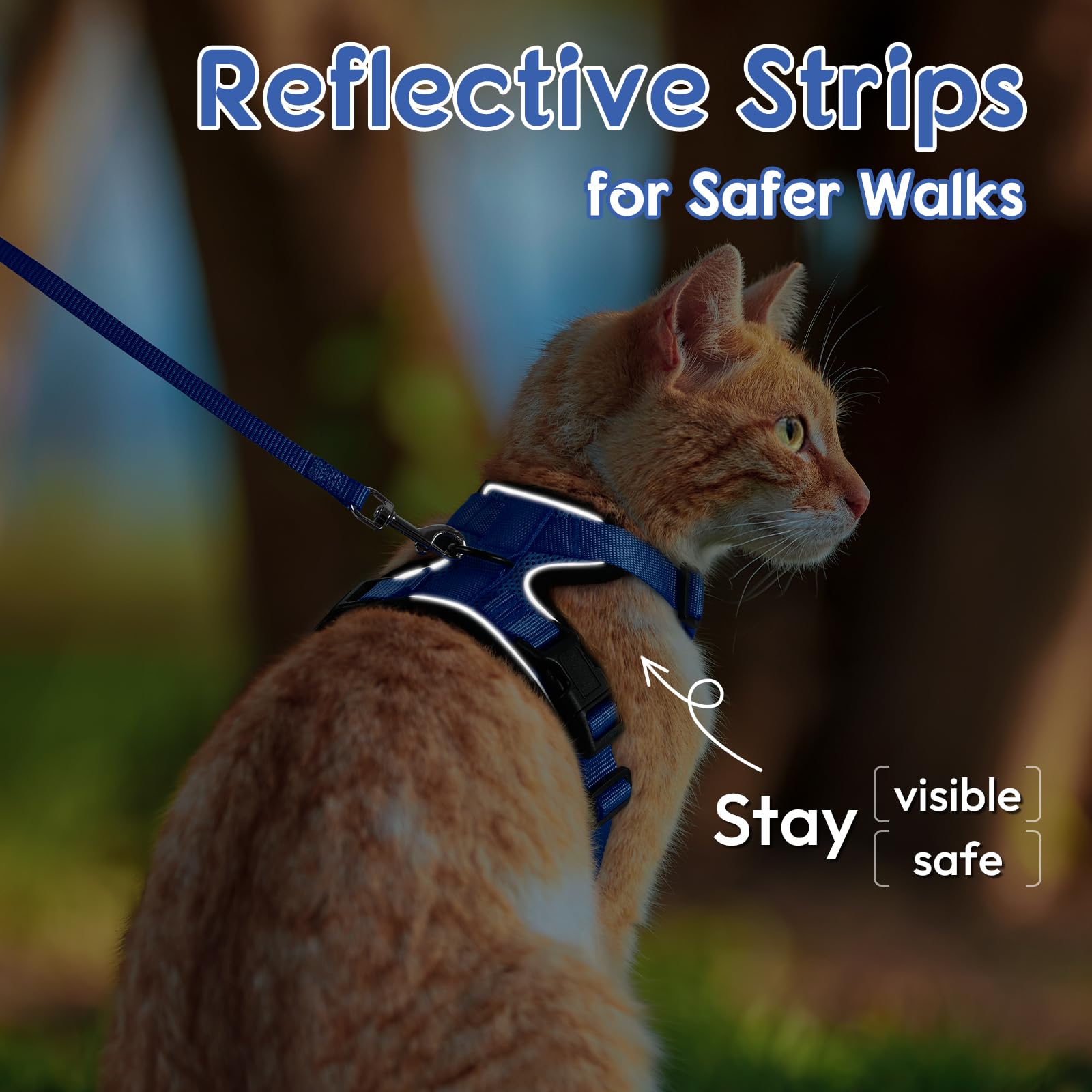 Dooradar Cat Harness and Leash Set, Adjustable XS Blue Nylon Vest with Reflective Strips, Escape Proof for Safe Walking