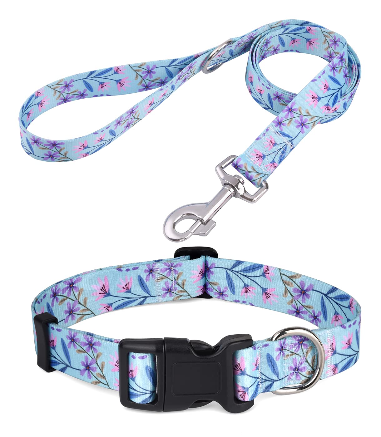 Mihqy Dog Collar And Leash Set With Bohemia Floral Tribal Geometric Patterns - Soft Ethnic Style Collar Adjustable For Small Medium Large Dogs(Pink + Purple Floral Set,M)