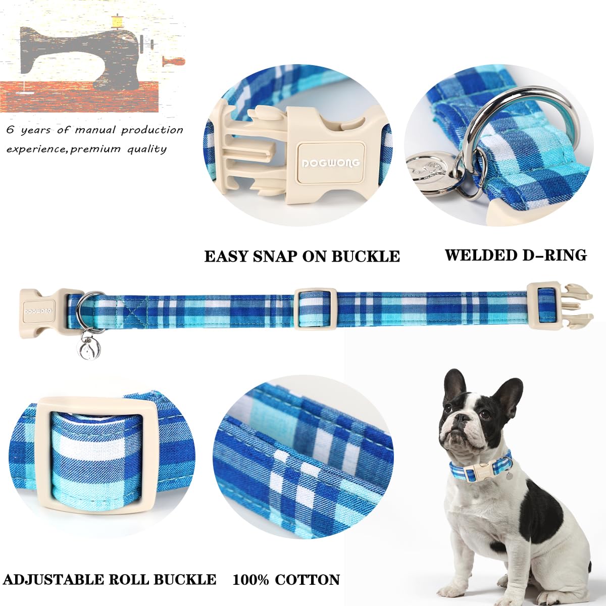 Dogwong Cotton Dog Collar, Blue Plaid Heavy-Duty Dog Collar Durable Soft Boy Dog Collar Cute Wedding Puppy Necklace For Small Me