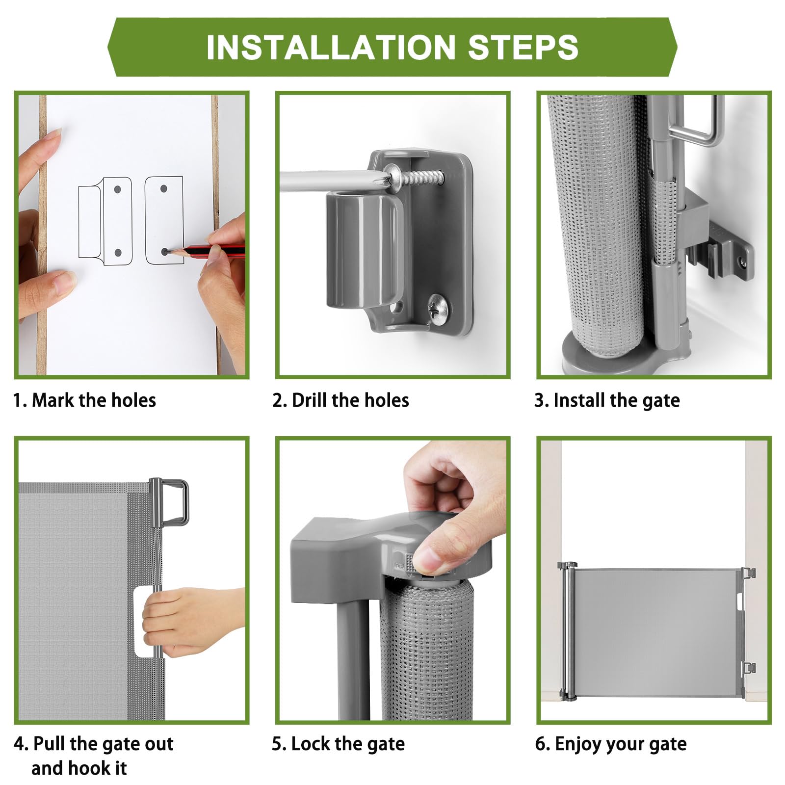 Retractable Baby Gates 65' Wide Baby Gate For Stairs Retractable Dog Gate Indoor Mesh Baby Gate Outdoor Retractable Gate Stair Gates For Kids Or Pets Child Gate Dog Gates For Doorways, Decks, Gray