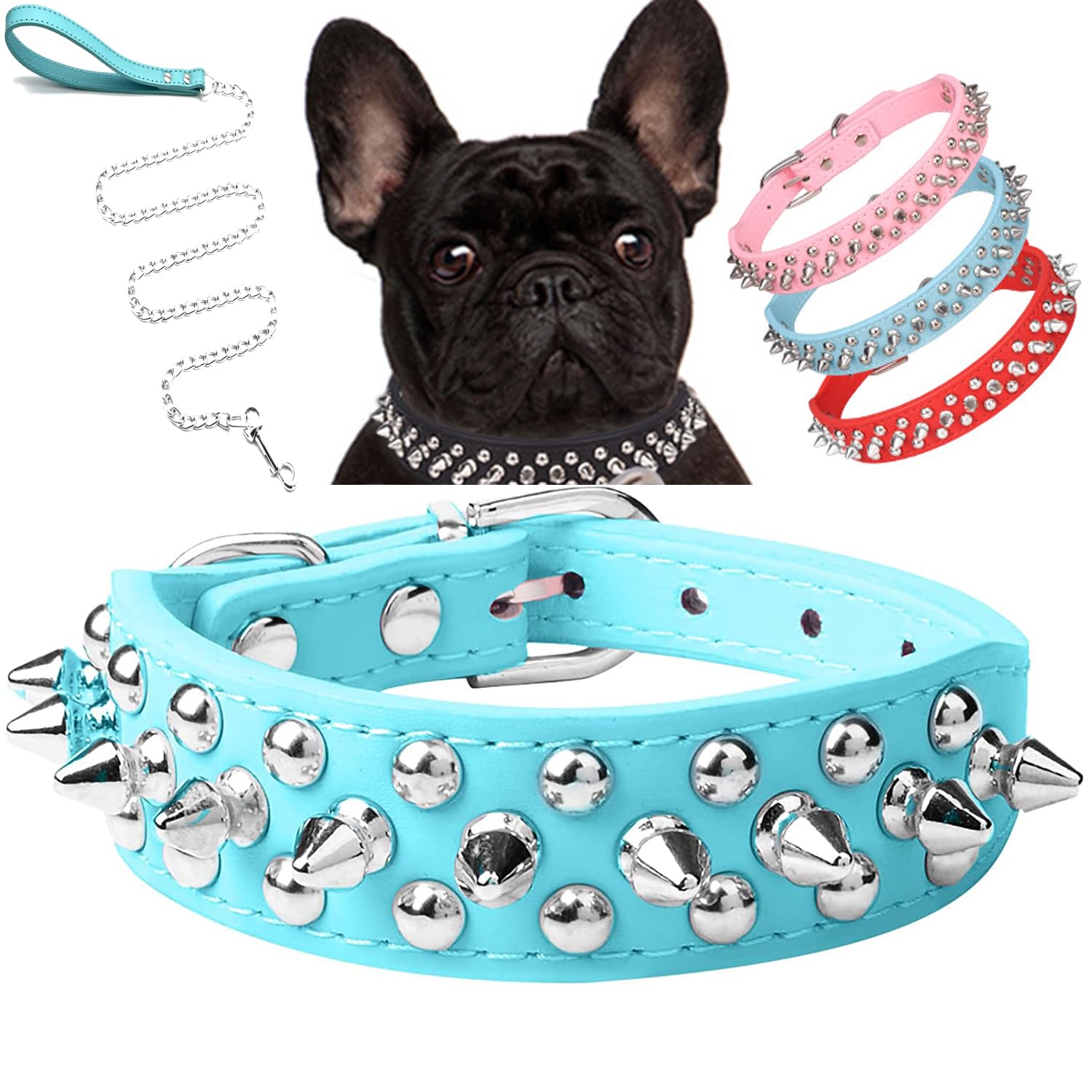 Serijoars Spiked Dog Collar Soft Pu Leather Mushrooms Rivet Spike Studded Dog Collar Adjustable Puppy Collars (S, Light Blue Set