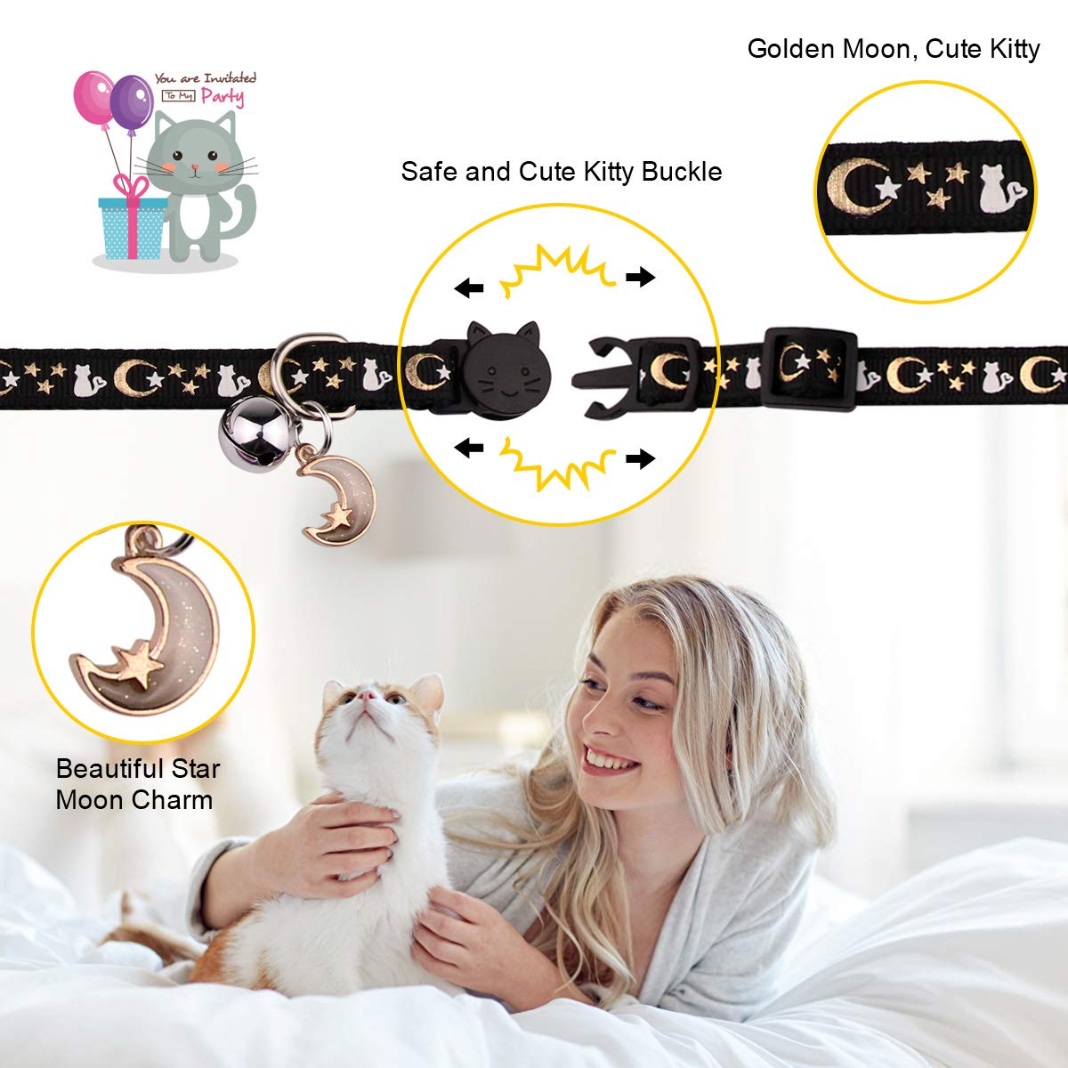 2Pcs Breakaway Cat Collars With Bell Cute Kitty Glow In The Dark Adjustable Kitten Collars 7.9-13.0 Inch(Purple&Black)