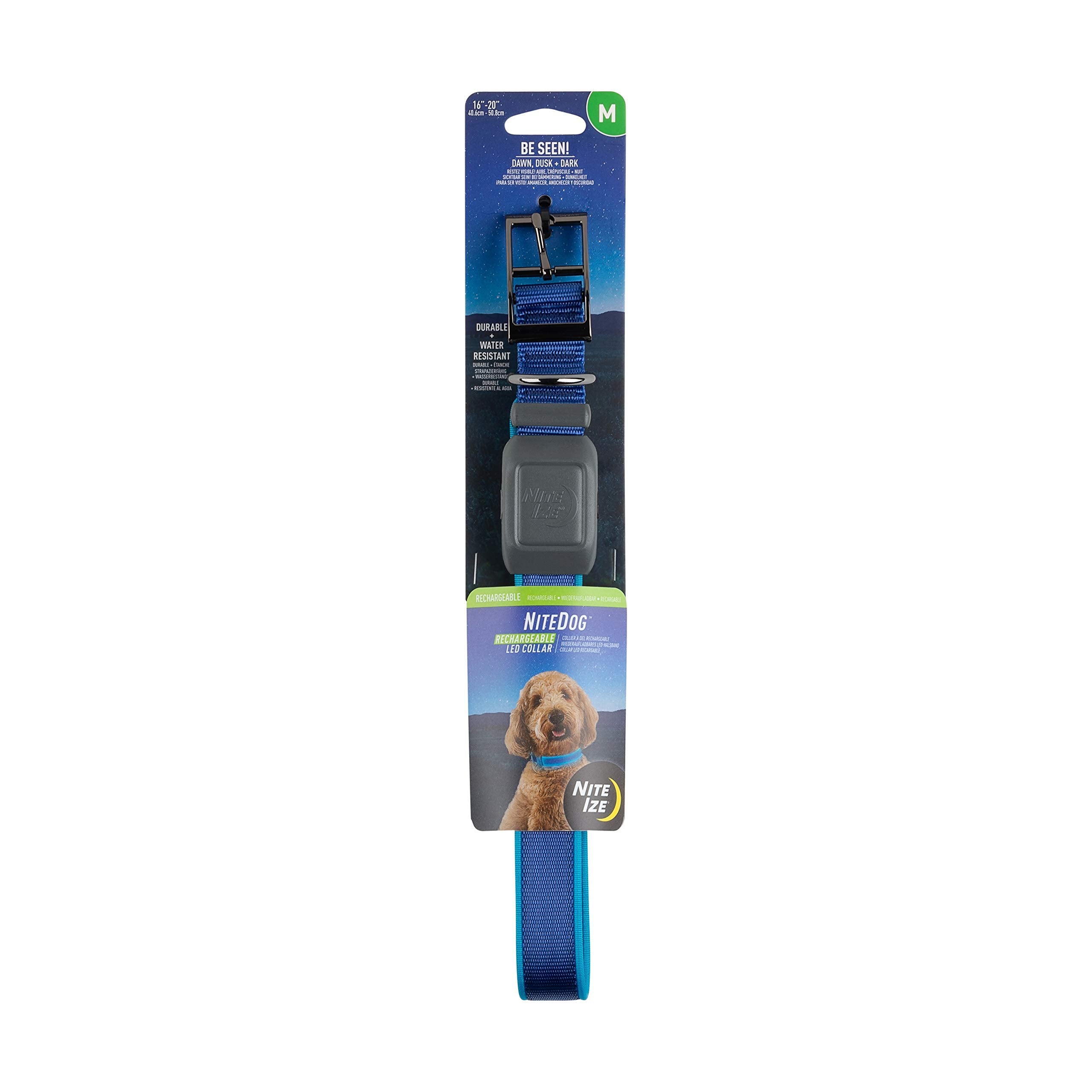 Nite Ize Nitedog Rechargeable Led Collar, Usb Rechargeable Light Up Dog Collar W/Metal Buckle, Water Resistant, Blue