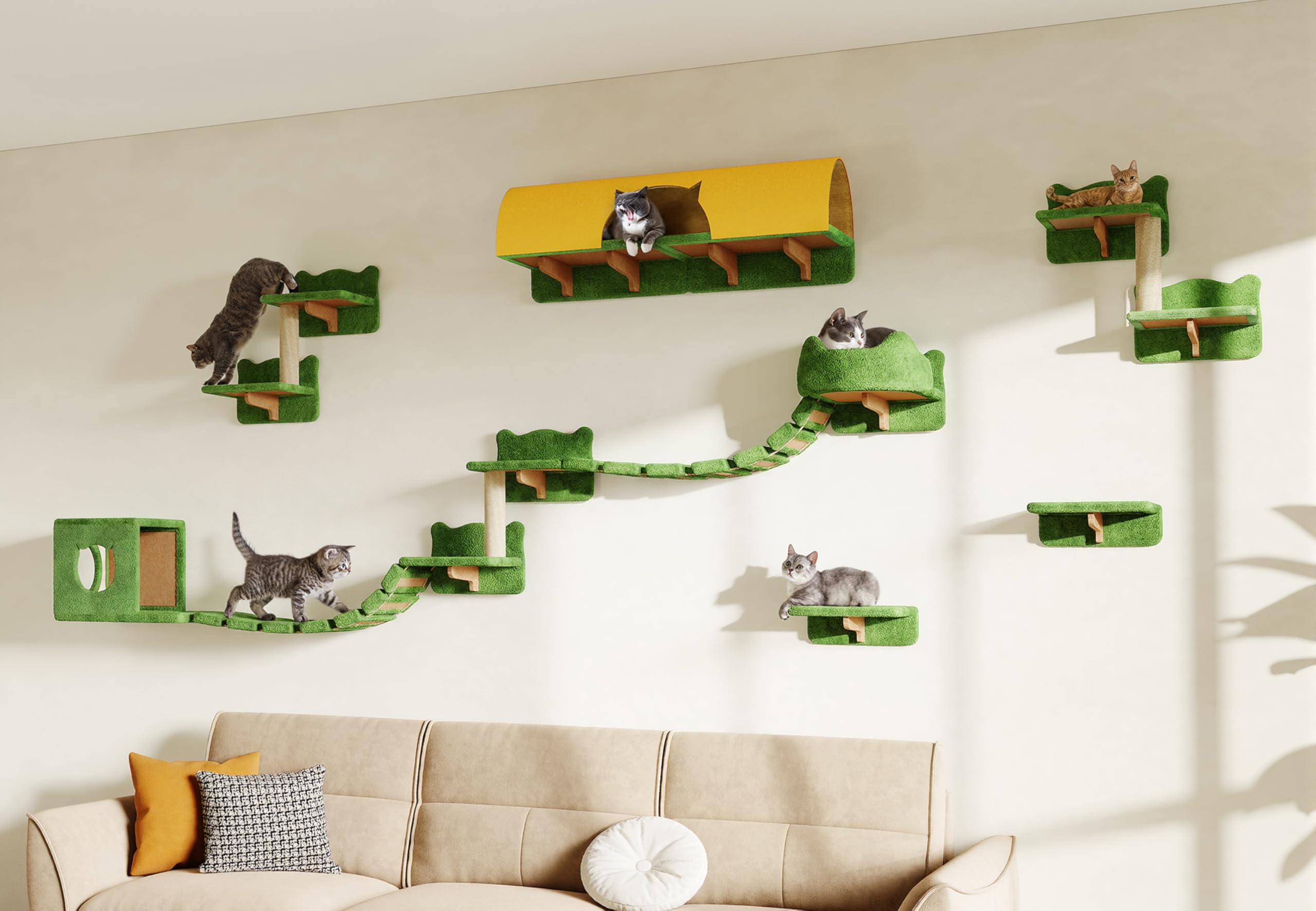 Homiflex 16-in-1 Cat Wall Shelves, Wall Mounted Cats Furniture Set w/Plush Fabric, Cat Climbing Systems, Cats Shelf with 40L T