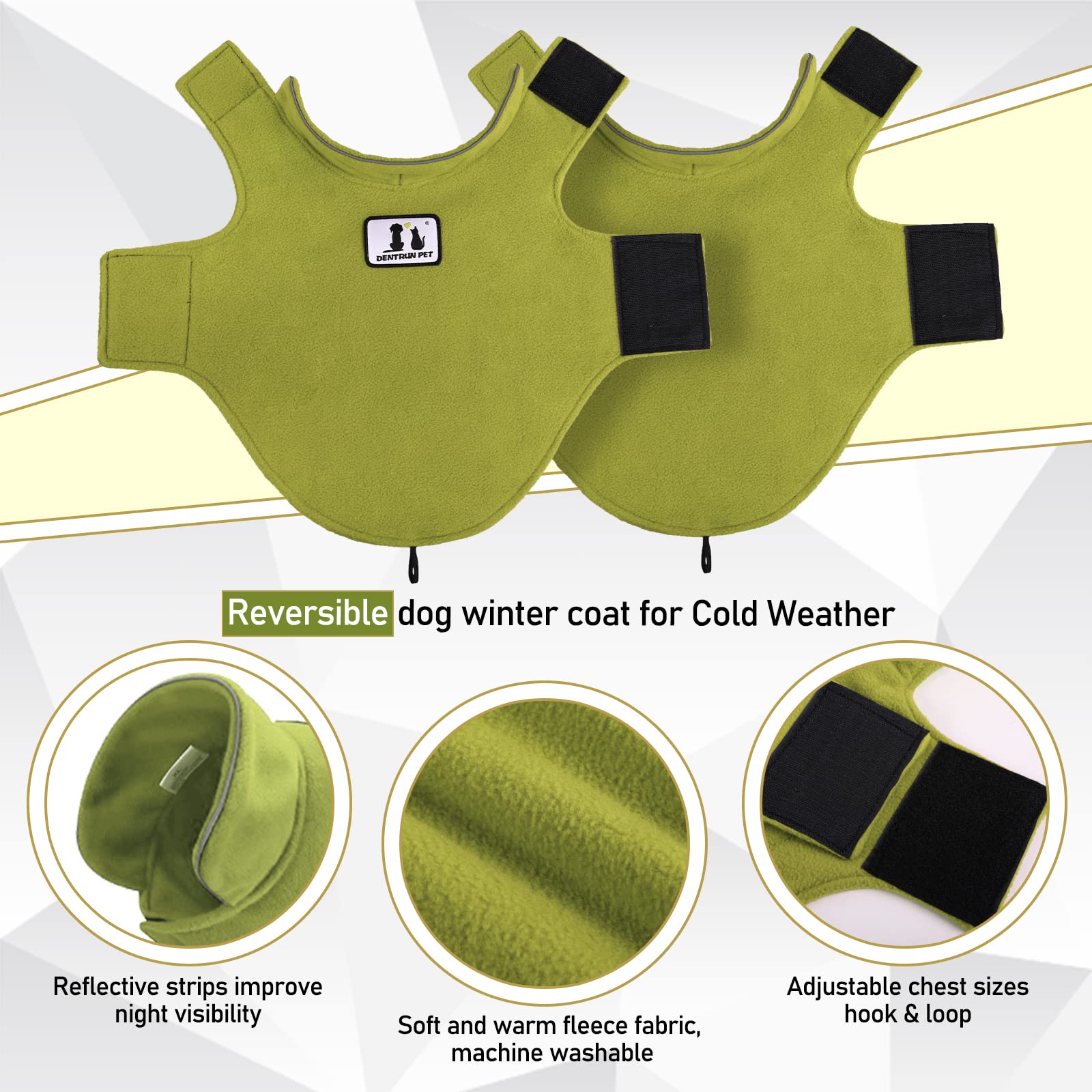 Dentrun Windproof Winter Warm Fleece Small Dog Coat Reversible Puppy Jacket Reflective Soft Pet Vest, Cold Weather Dog Sweater Apparel Leash Access Overcoat For Small Breeds, Green, Xs