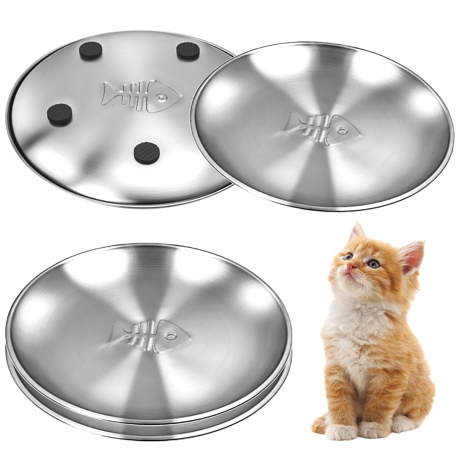 Stainless Steel Cat Dishes with Fishbone Pattern, Metal Cat Food Dishes, 6.7 Wide Whisker Friendly Cats Plates, Cute Plates with