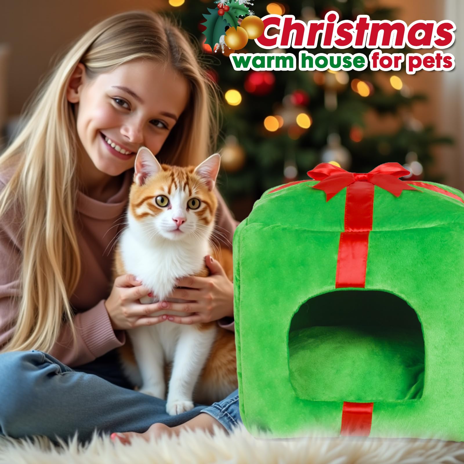 Powerking Christmas Cat House Square Cat Bed Cat Cave Removable Washable Cat Condos With Non-Slip Bottom And Cushion, Great Gift
