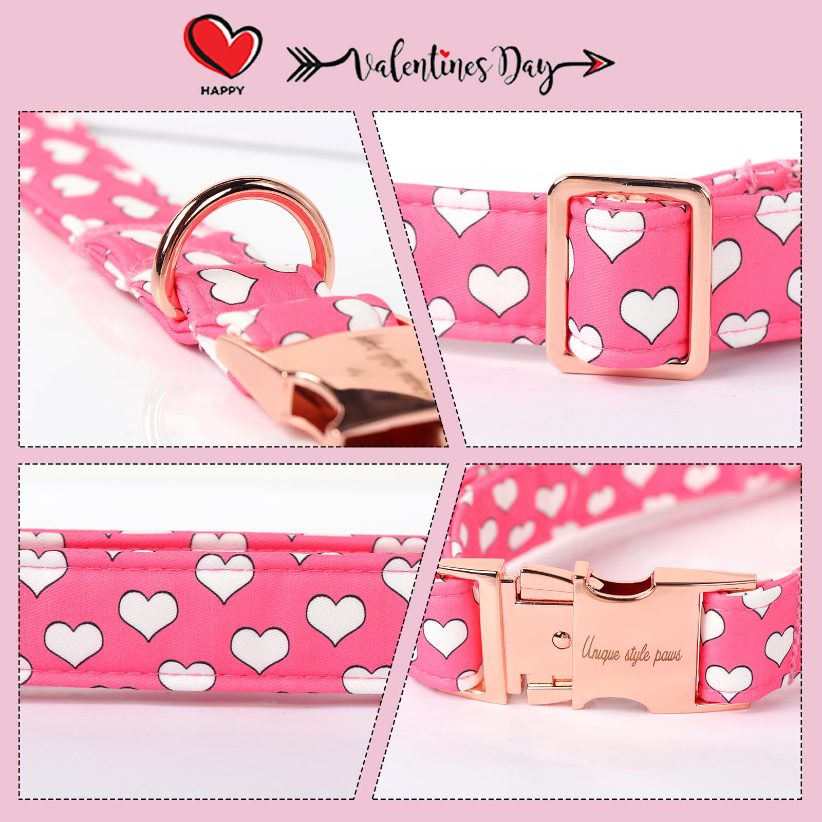 Unique Style Paws Dog Collar Metal Buckle Collar For Valentine'S Day Gift Pink Heart Love For Small Medium Large Boys Girls Dogs